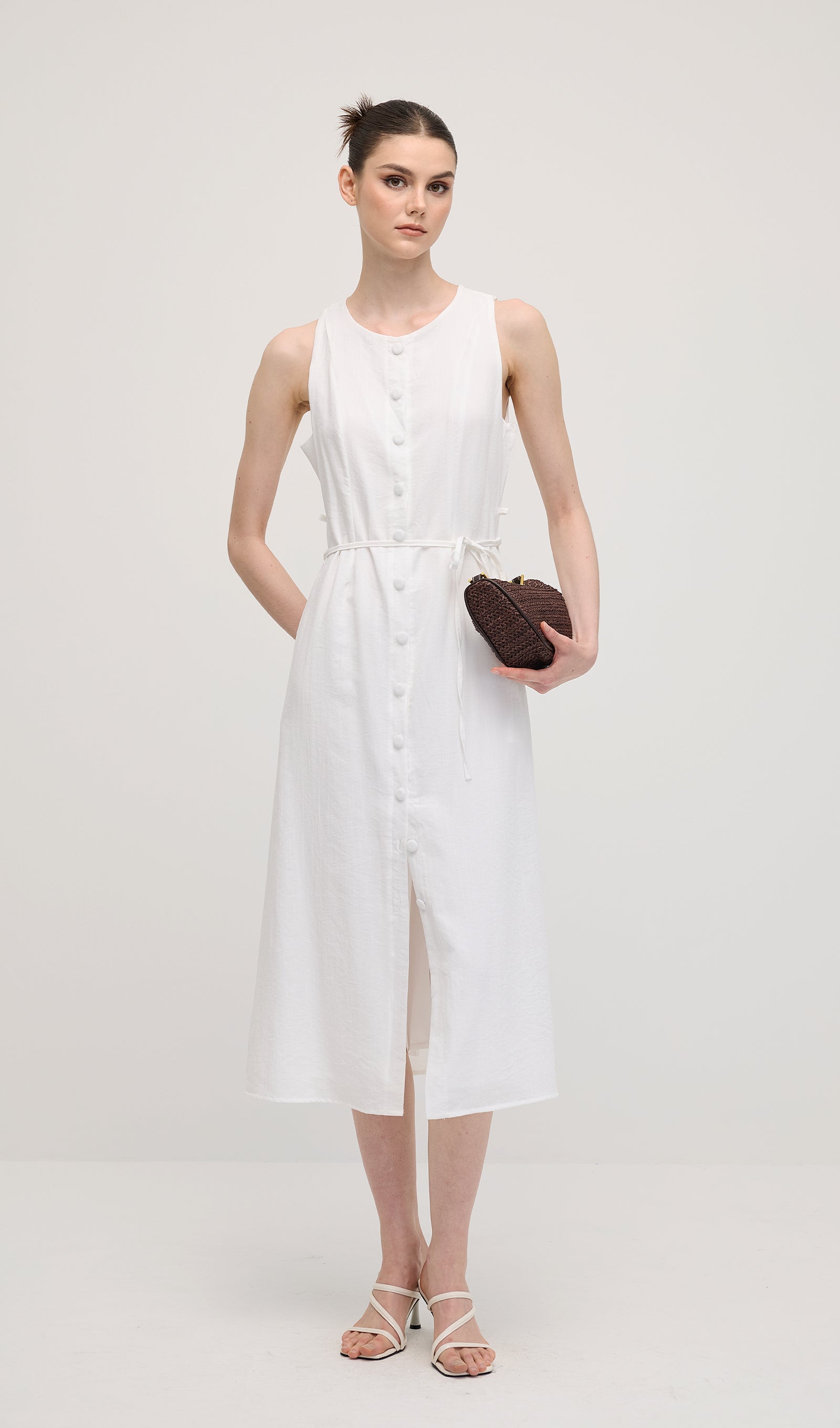 Solid Button Waistcoat Midi Dress In White