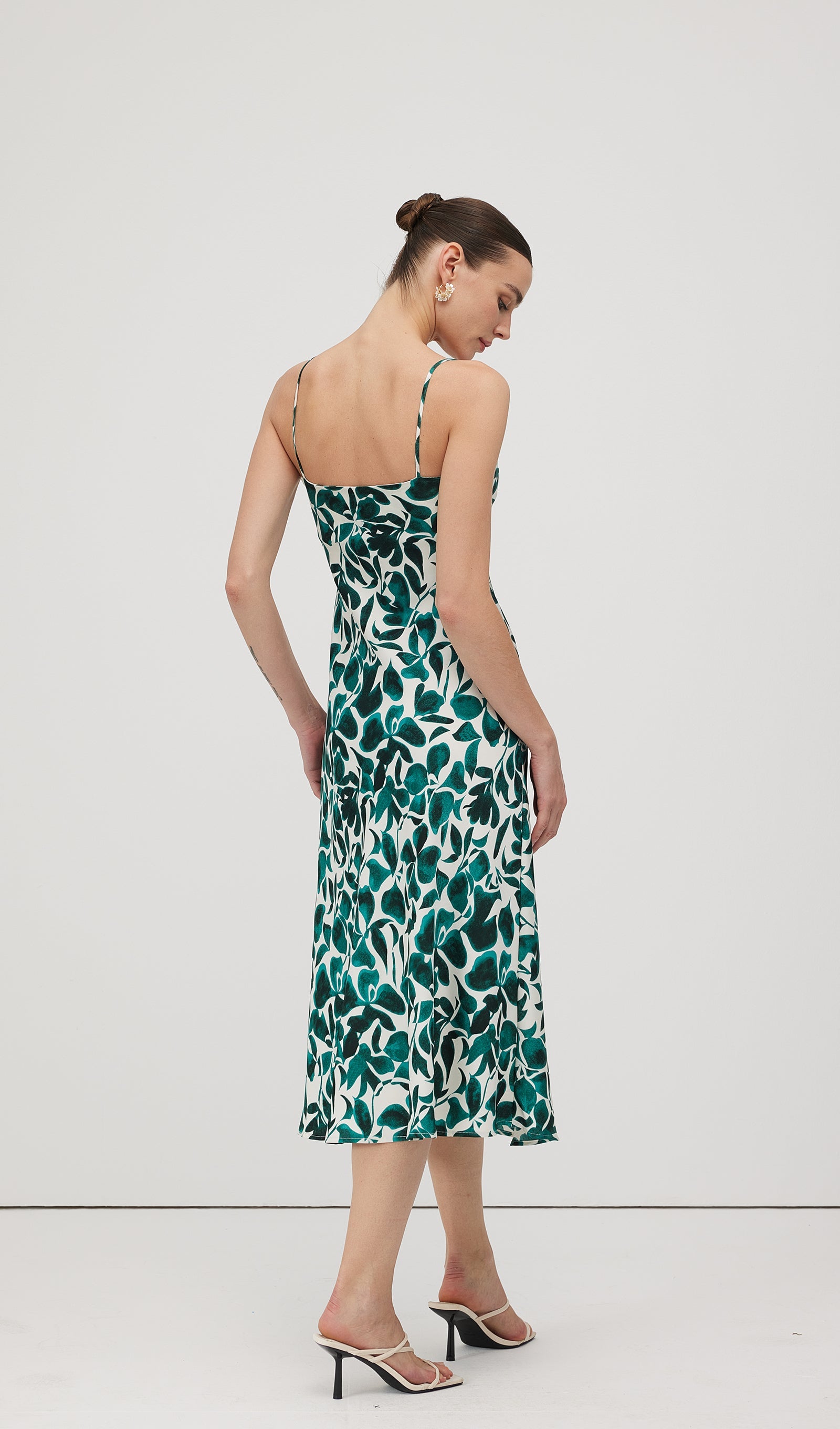Green Leaf Print Midi Dress