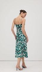 Green Leaf Print Midi Dress