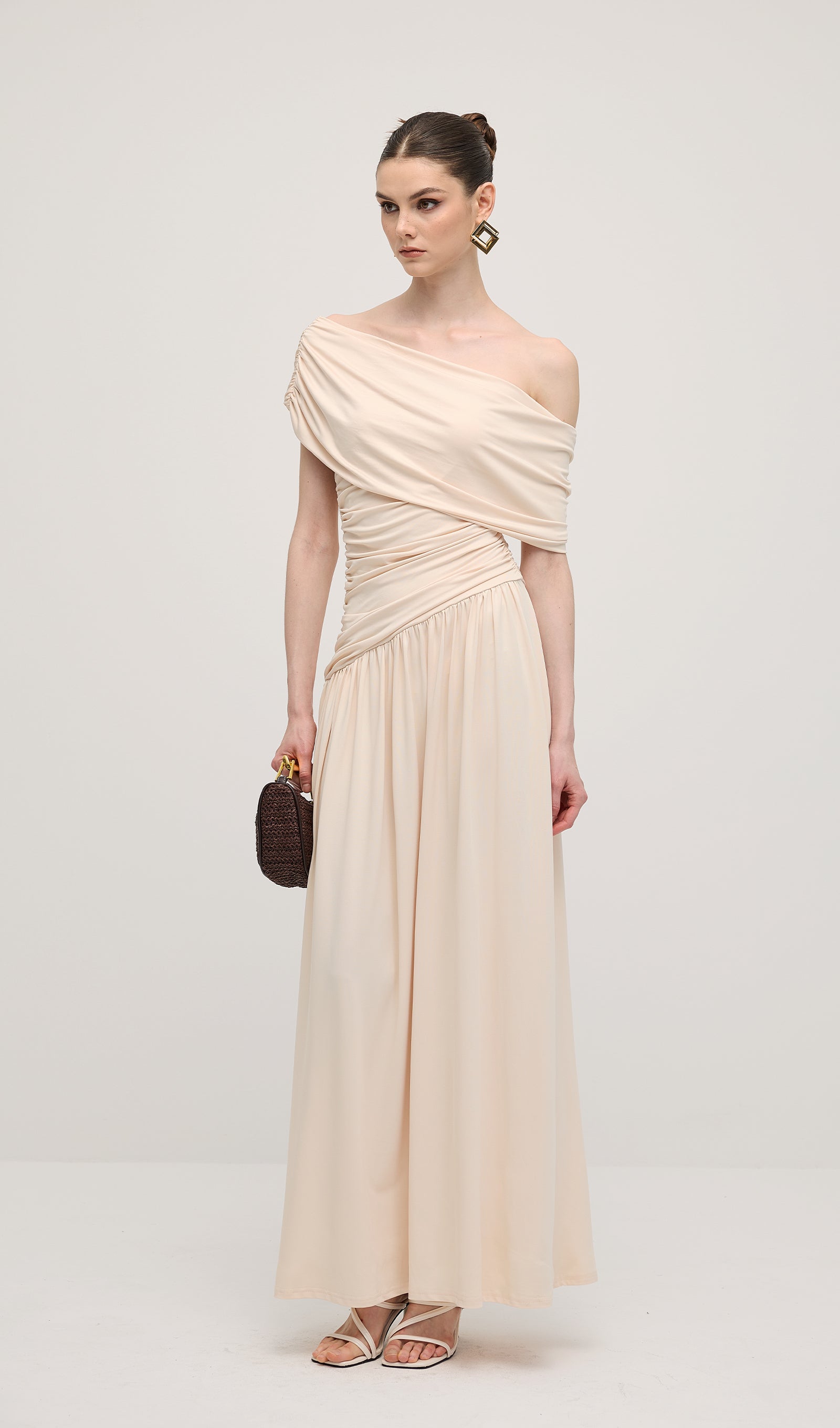 Off Shoulder Pleated Maxi Dress In Dune