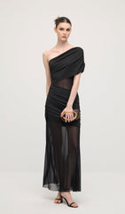 One Shoulder Mesh Maxi Dress In Black