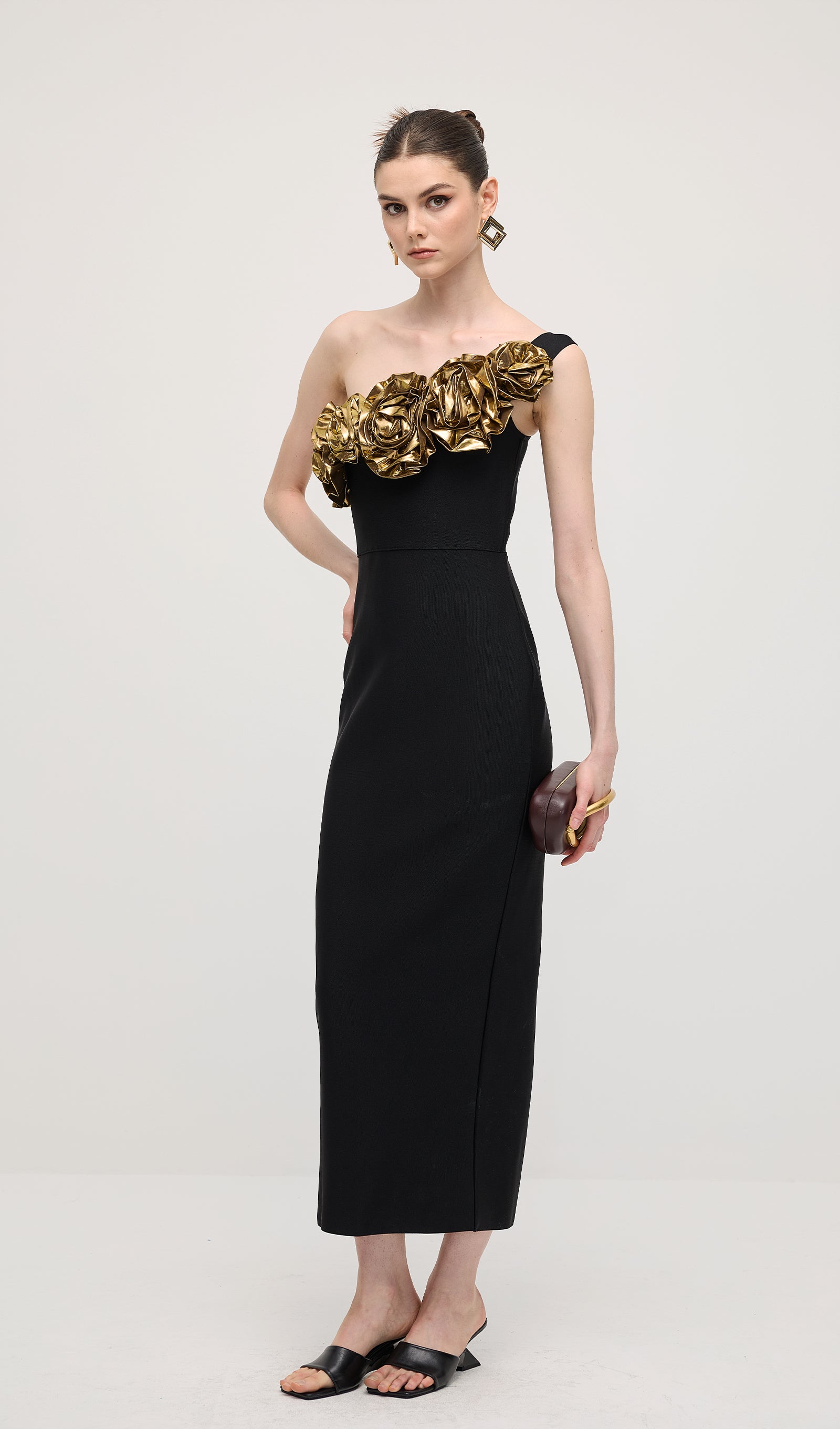 One Shoulder Rose Bodycon Maxi Dress