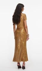 Gold Rhinestone Drape Midi Dress