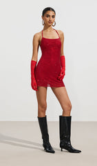 Halterneck Embellished Mini Dress In Red
