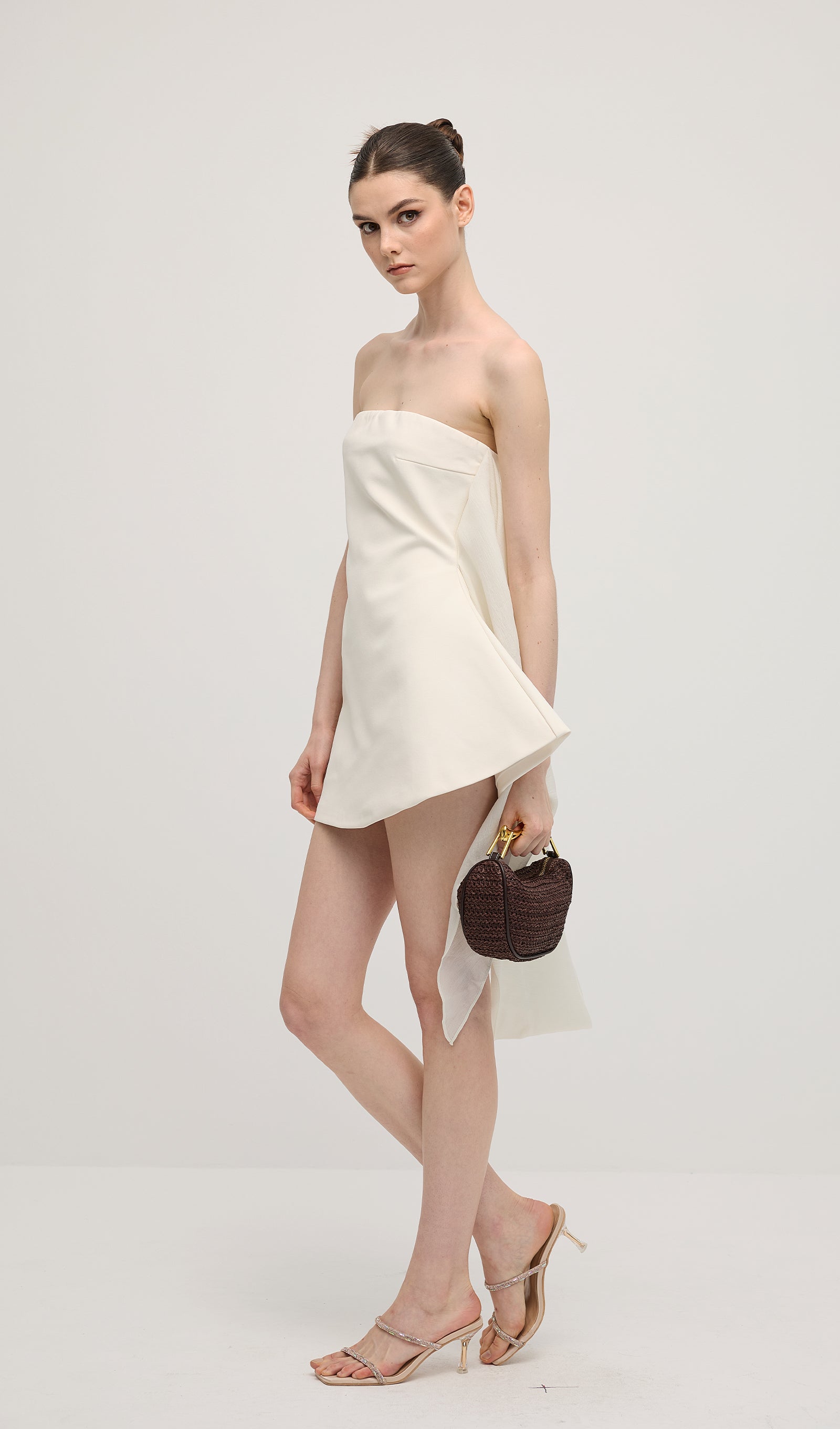 Off Shoulder Ribbon Mini Dress In White