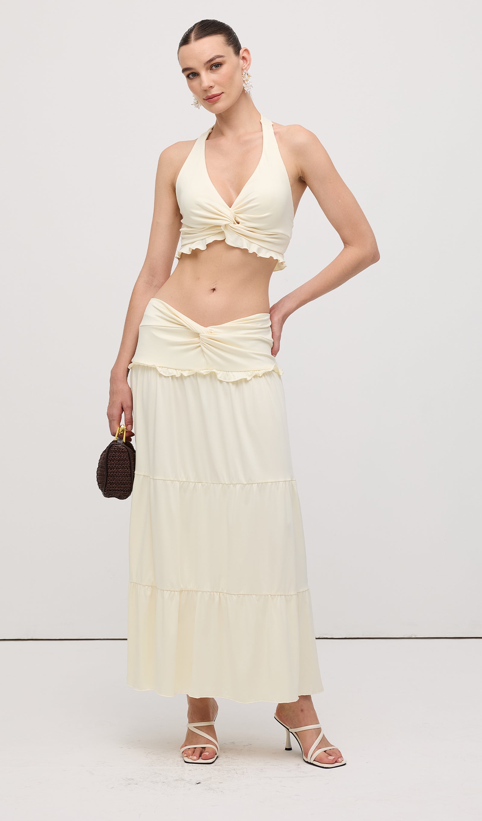 Halter Top & Twist Ruffled Maxi Skirt Sets White