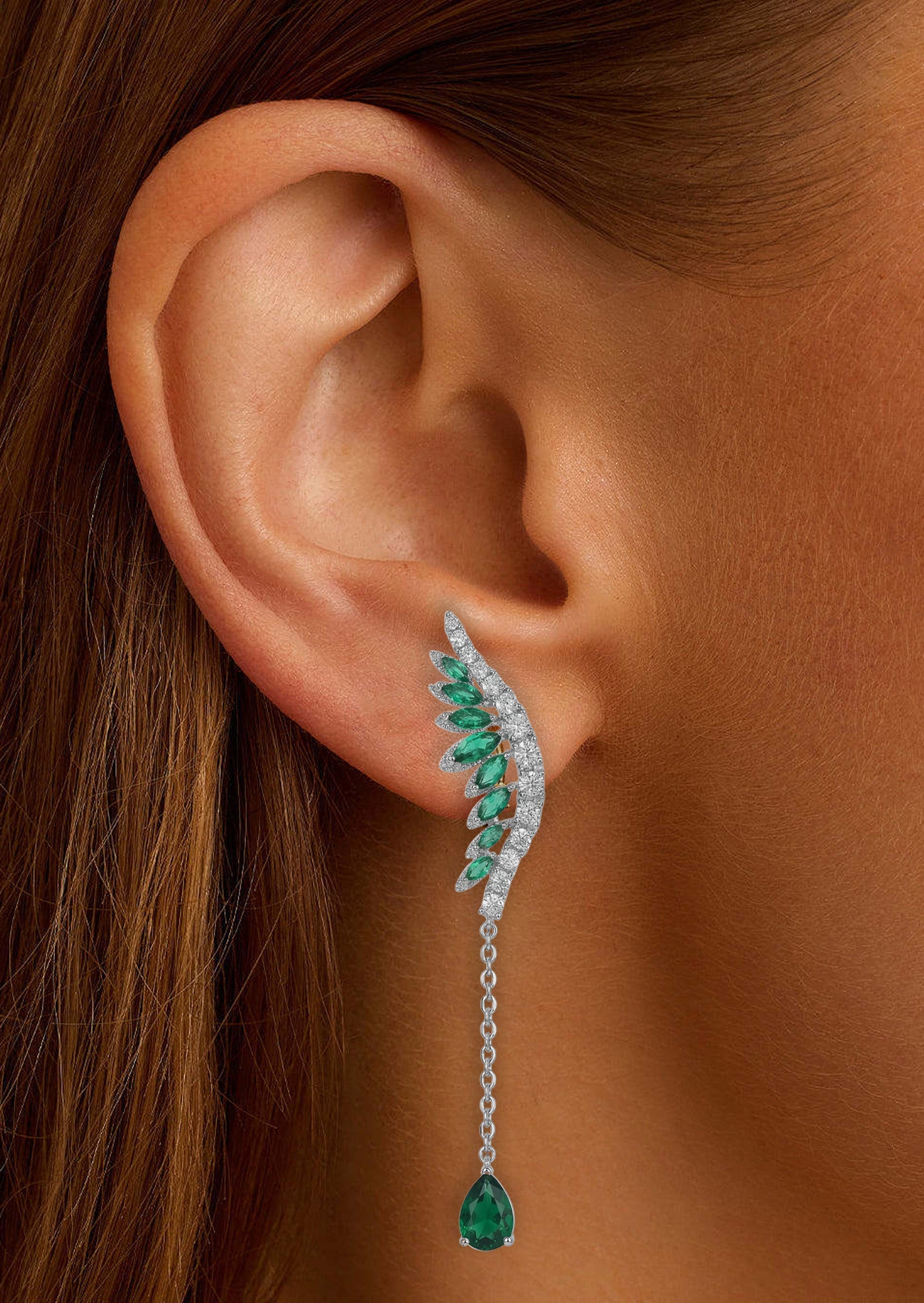 Green Crystal & Silvertone Wings Earrings