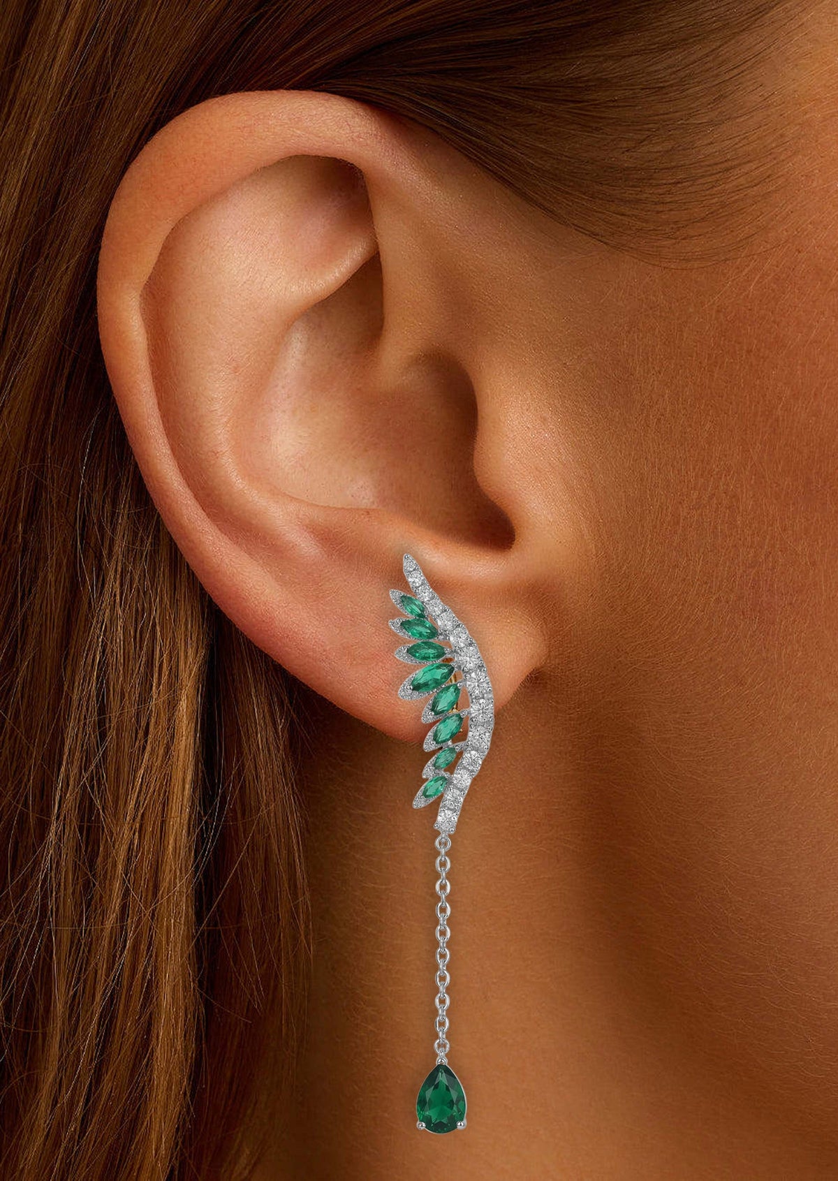 Green Crystal & Silvertone Wings Earrings