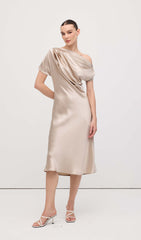 Asymmetric Satin Draped Midi Dress