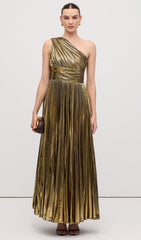 Pleated Metallic One Shoulder Maxi Dress