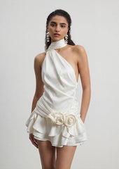One Shoulder Tiered Ruffle Mini Dress With Scarf