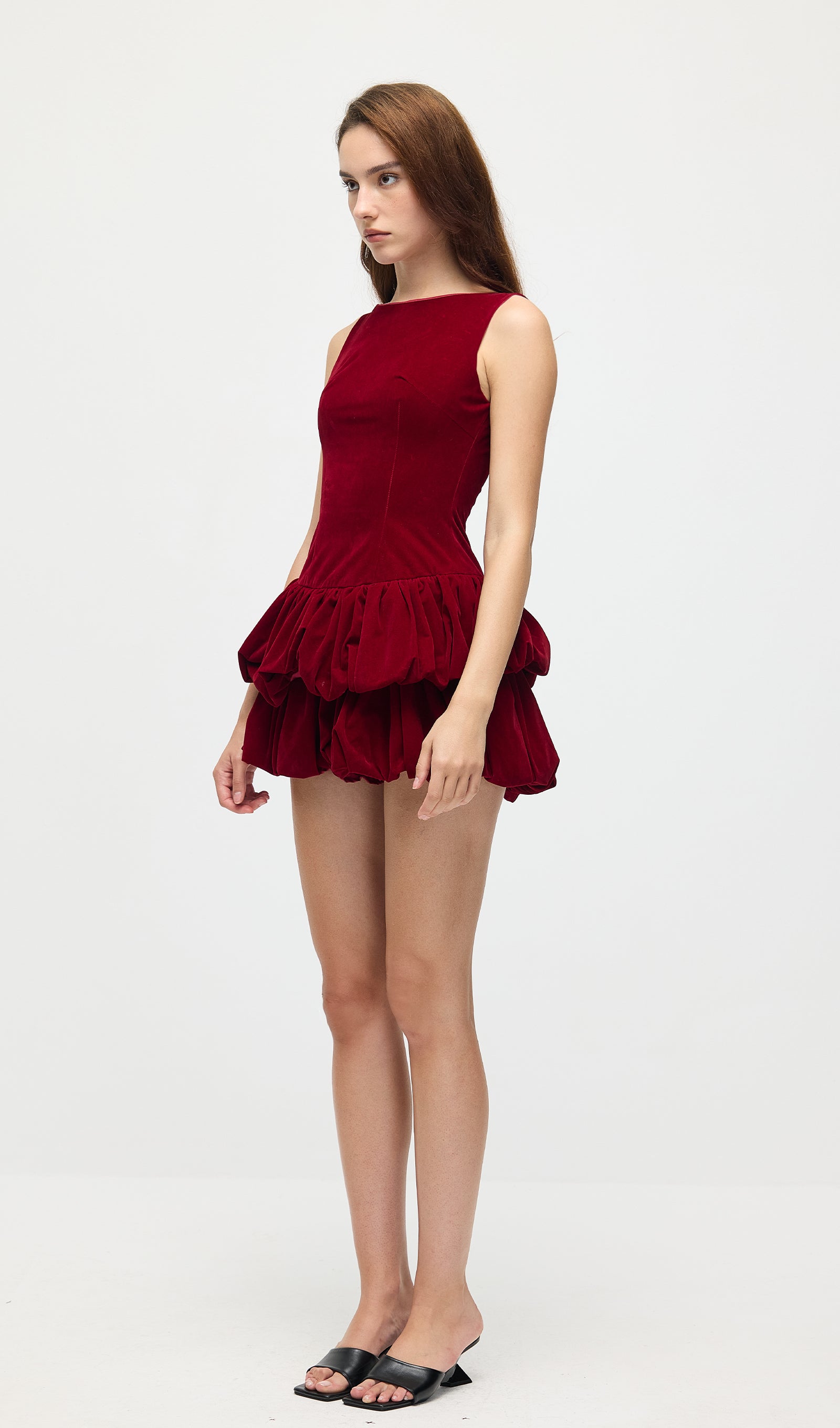 Velvet Tiered Mini Dress In Red