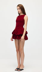 Velvet Tiered Mini Dress In Red