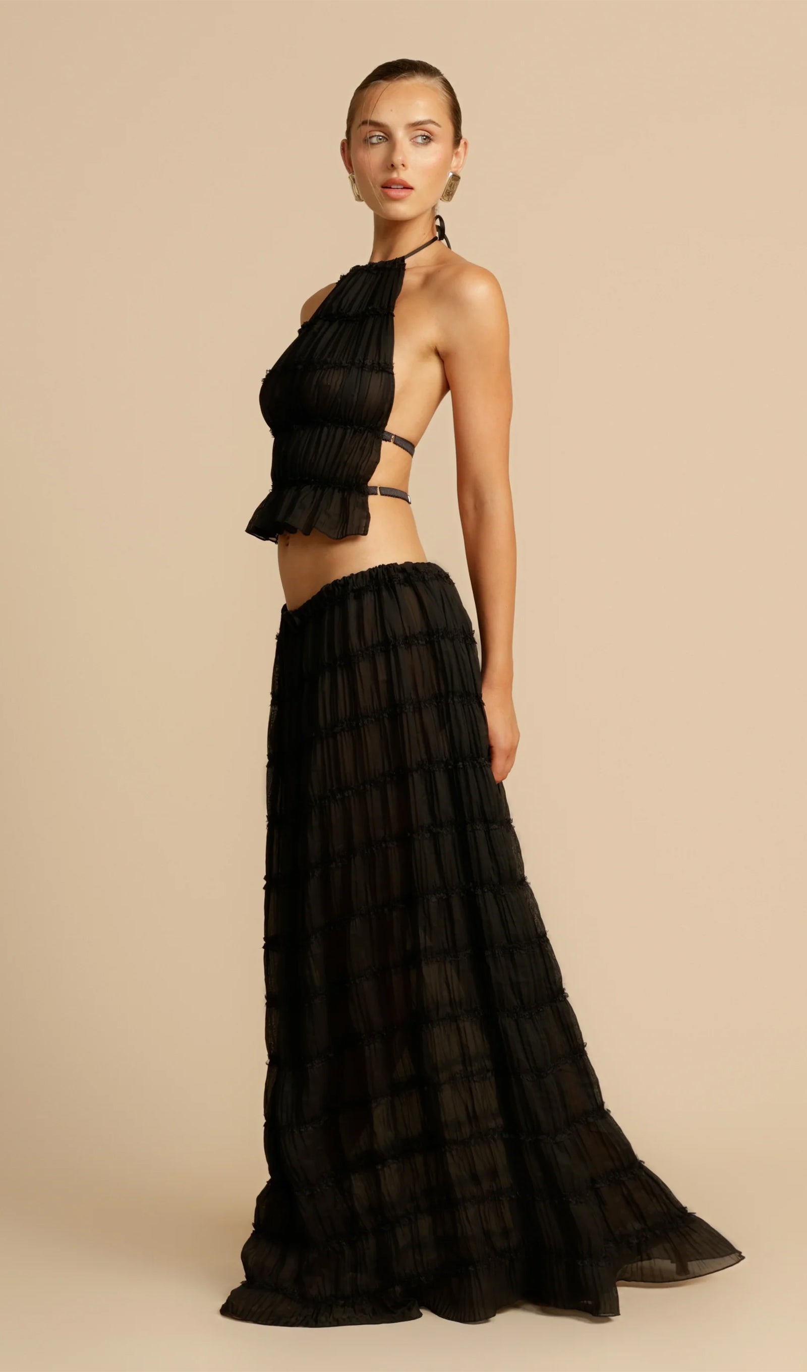 Halter Top & Ruched Detail Maxi Skirt Sets