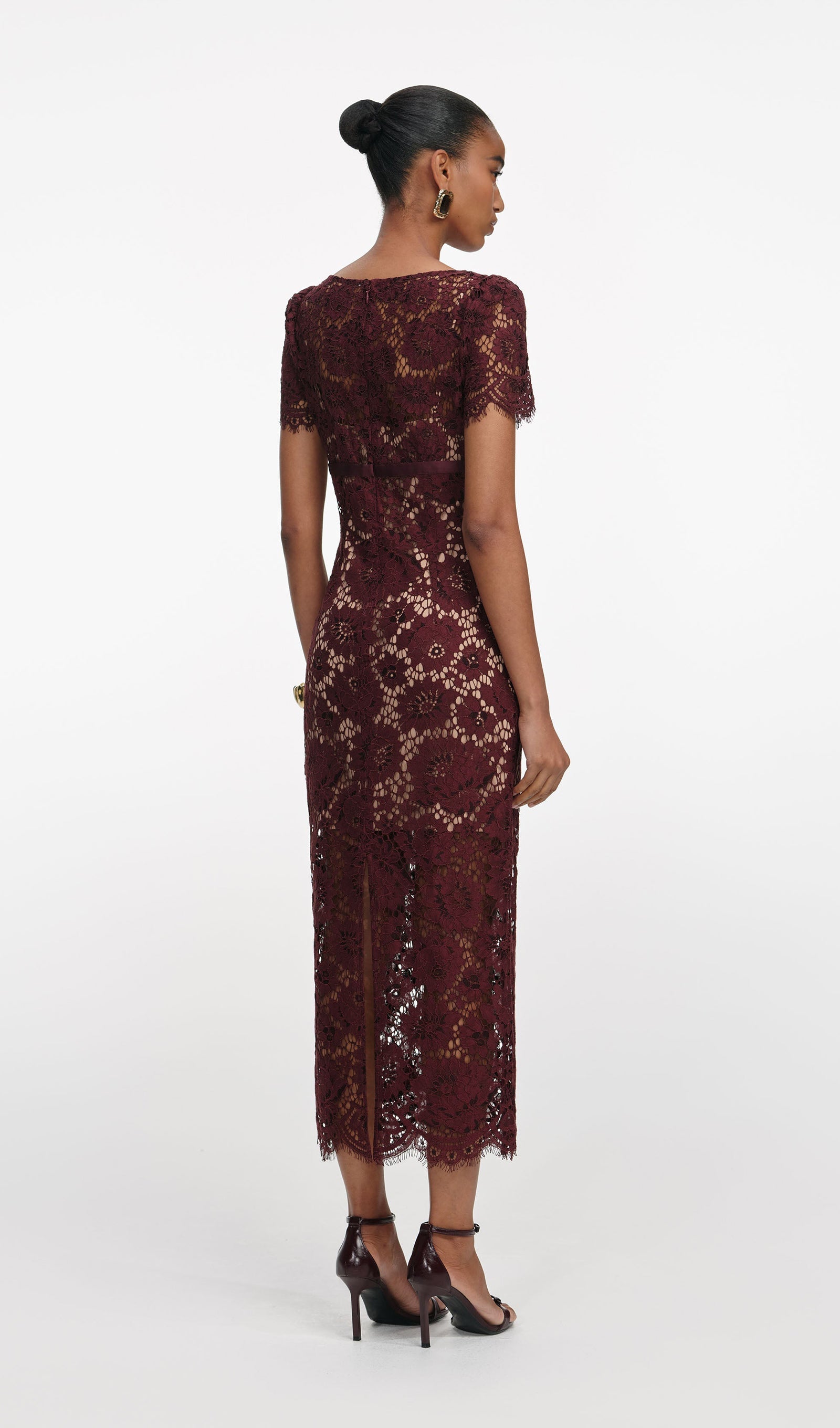 Burgundy Floral Lace Midi Dress
