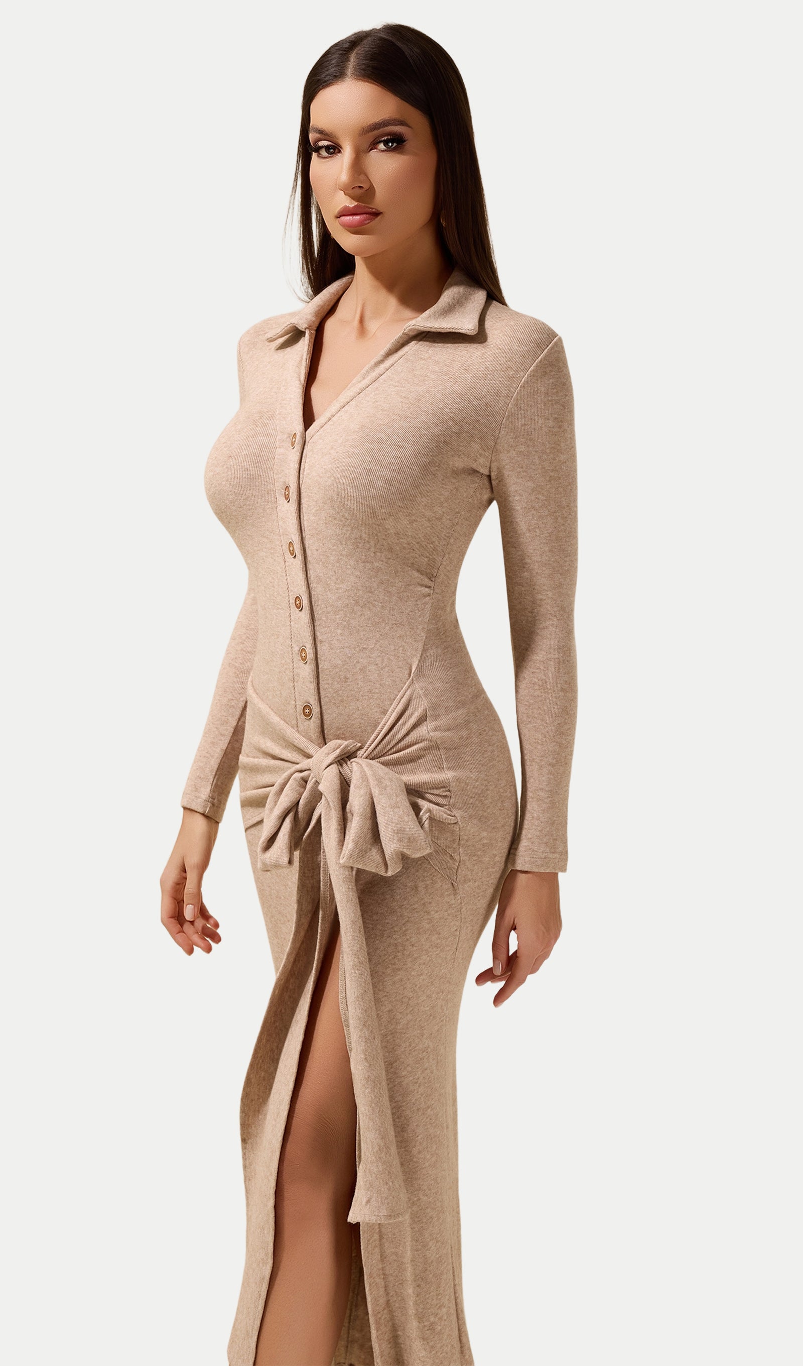 Jersey Button Lace-Up Midi Dress