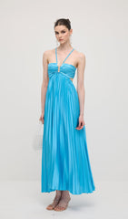 Solid Cut Out Tie Back Plisse Maxi Dress In Blue