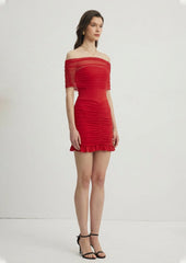 Slinky And Mesh Off Shoulder Mini Dress In Ruby