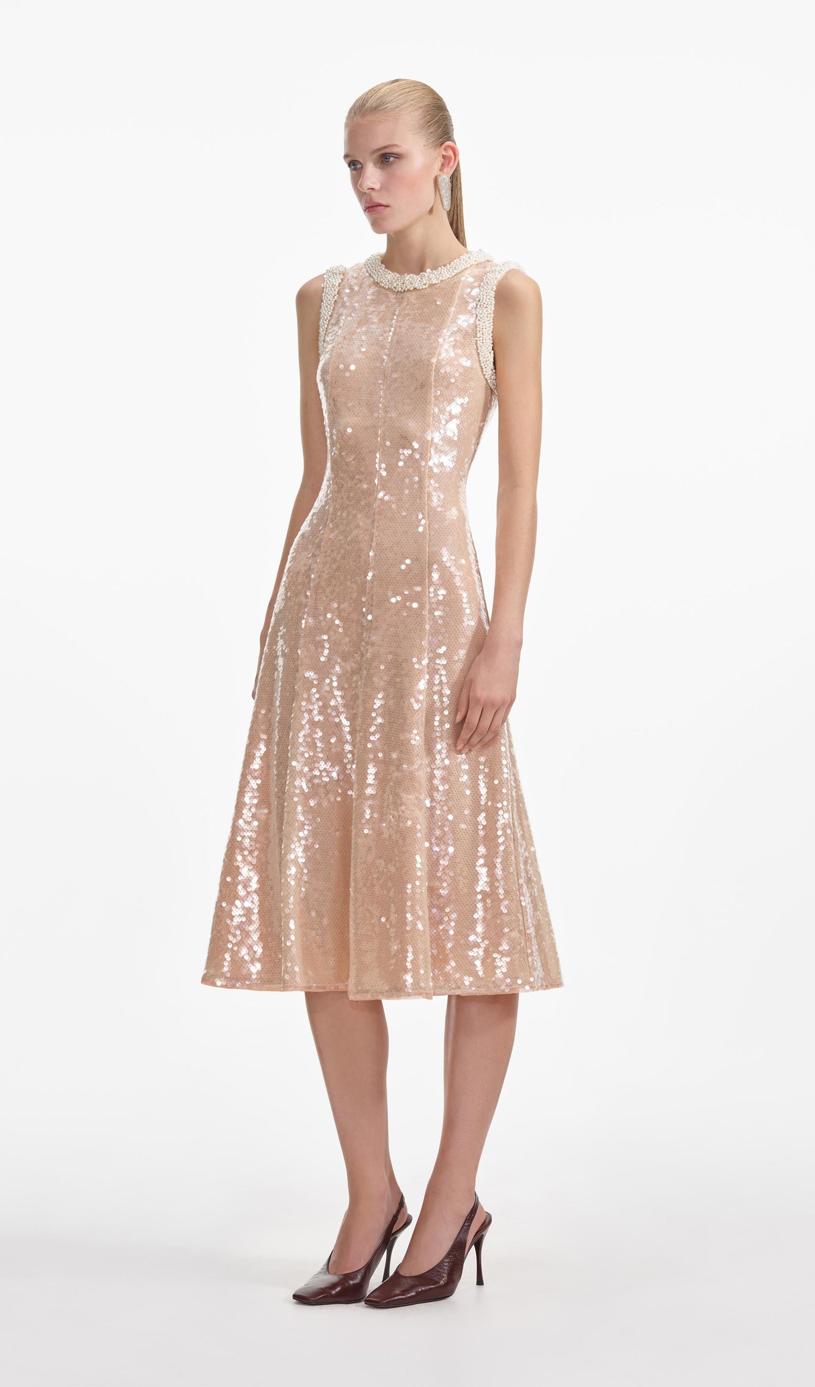 Sequin Embellished Pearl Trim Midi Dress