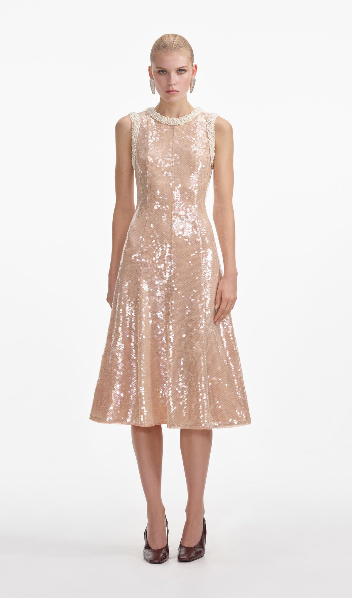 Sequin Embellished Pearl Trim Midi Dress