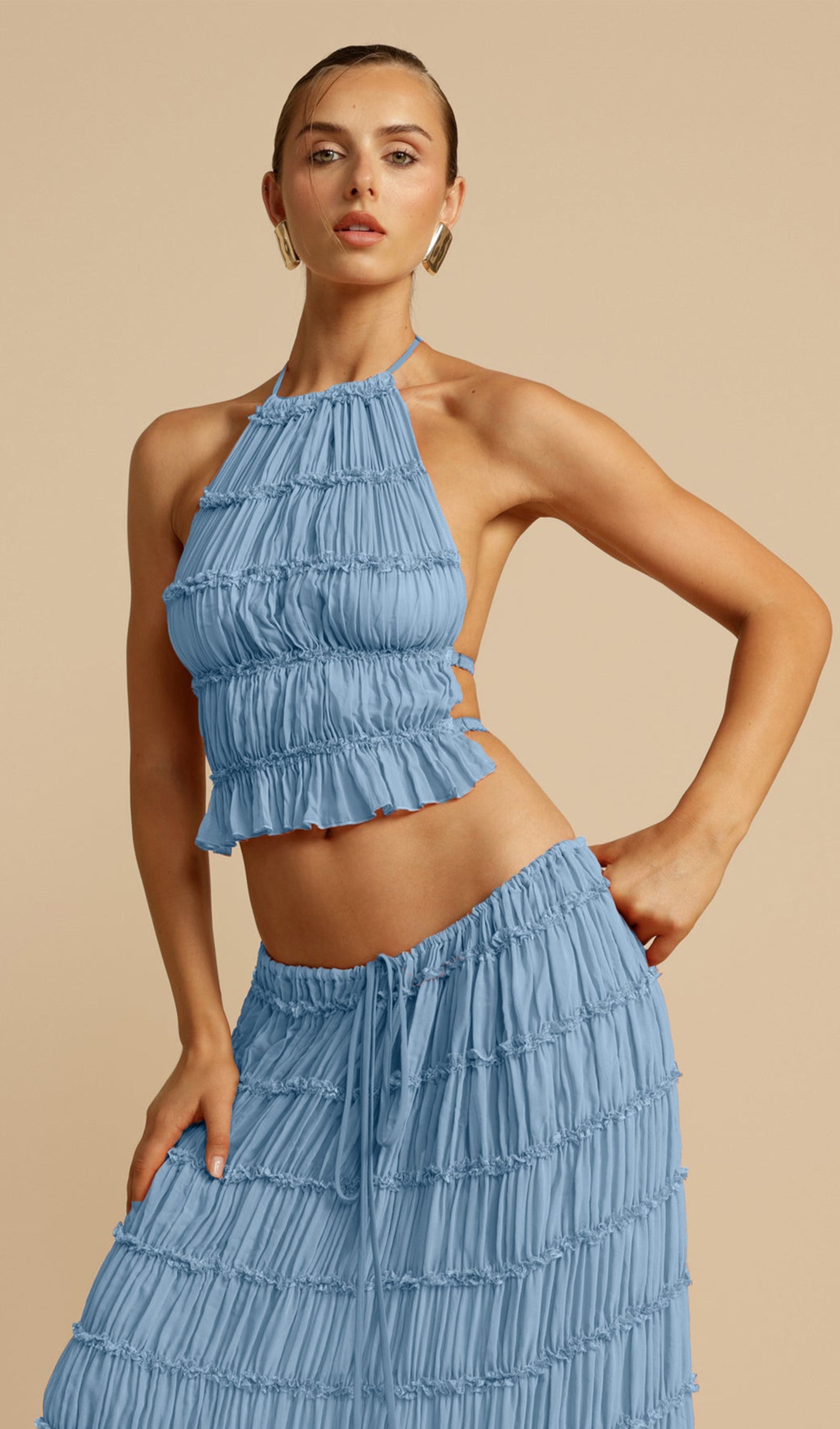 Halter Top & Ruched Detail Maxi Skirt Sets