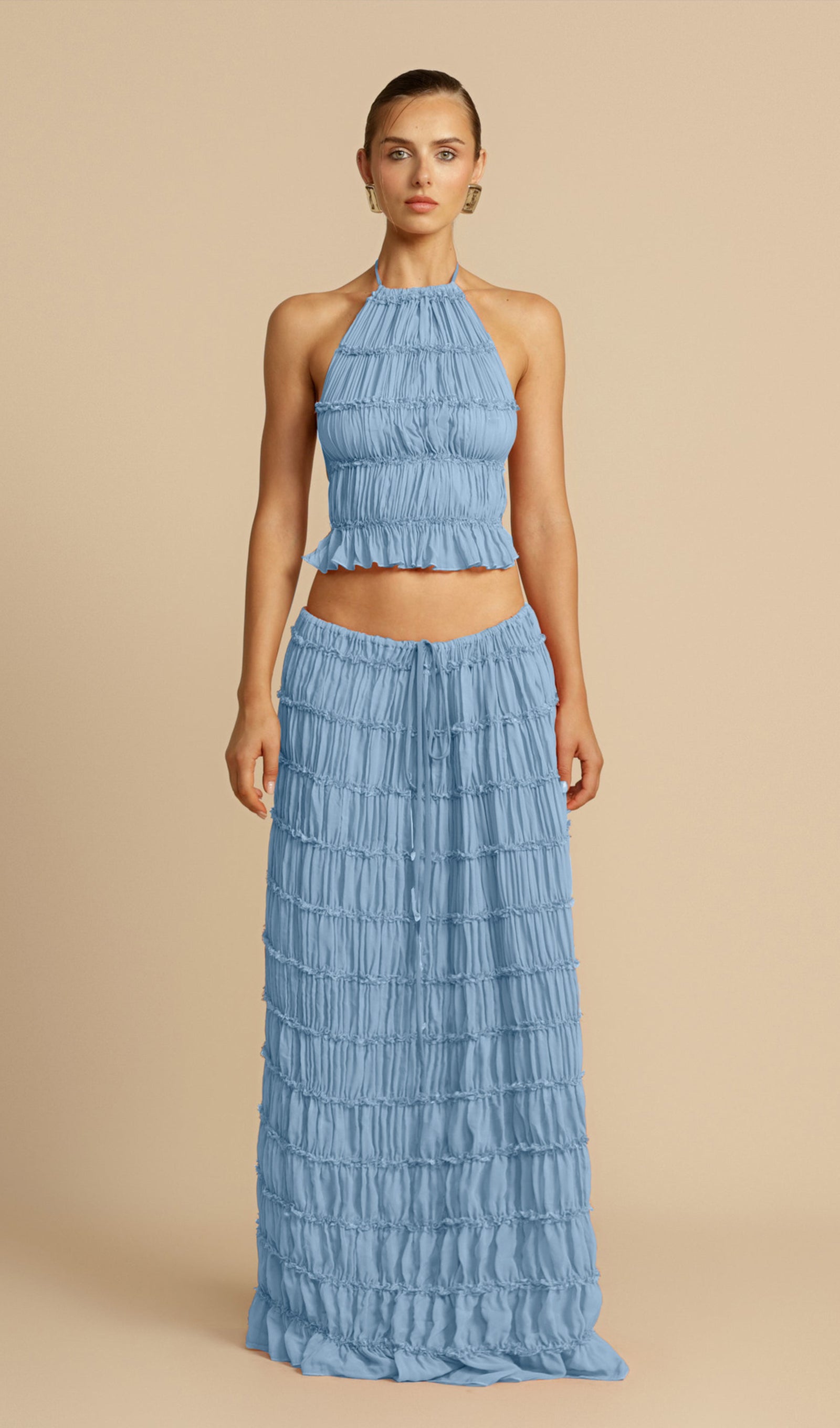 Halter Top & Ruched Detail Maxi Skirt Sets