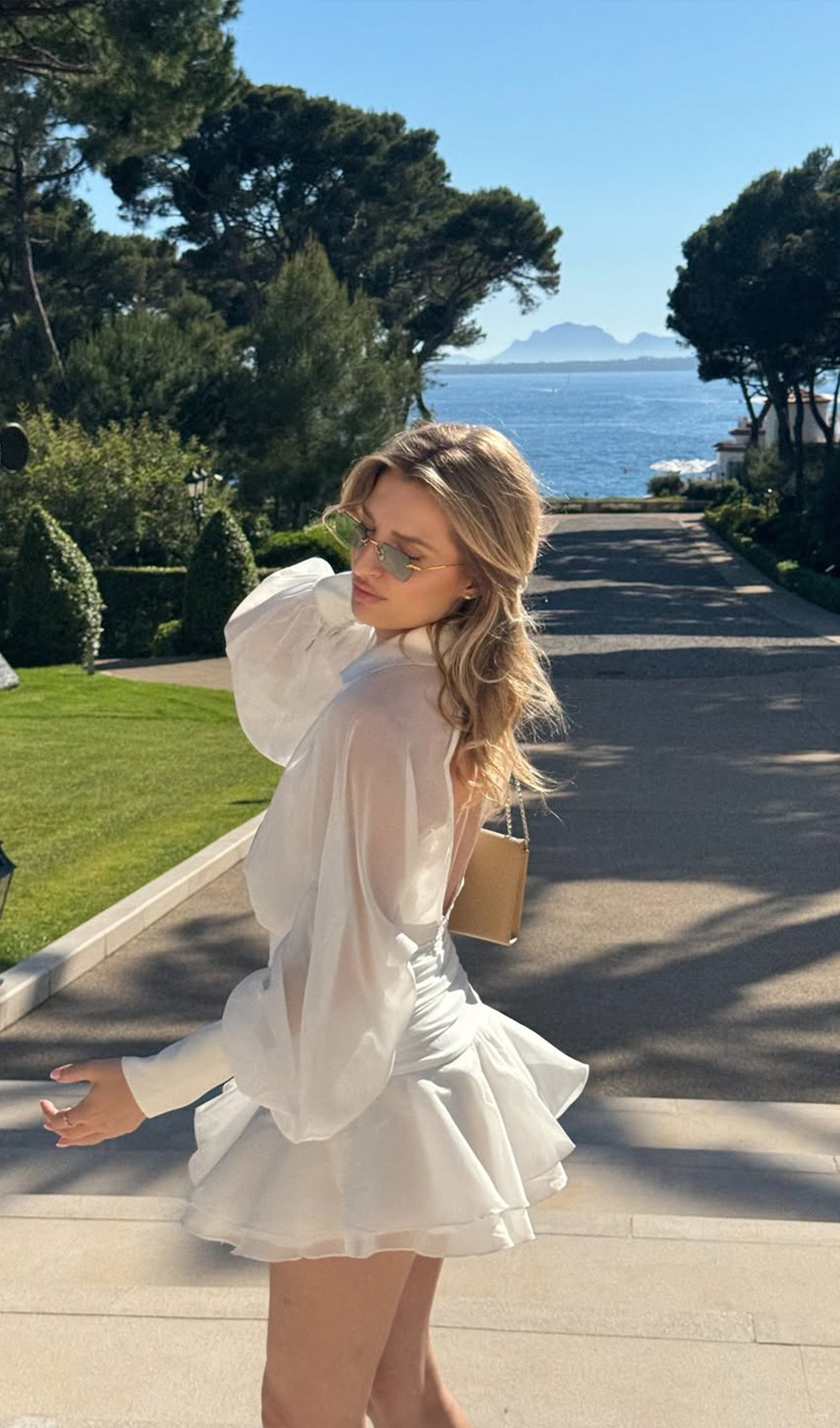 Solid Lantern Sleeve Mini Dress In White