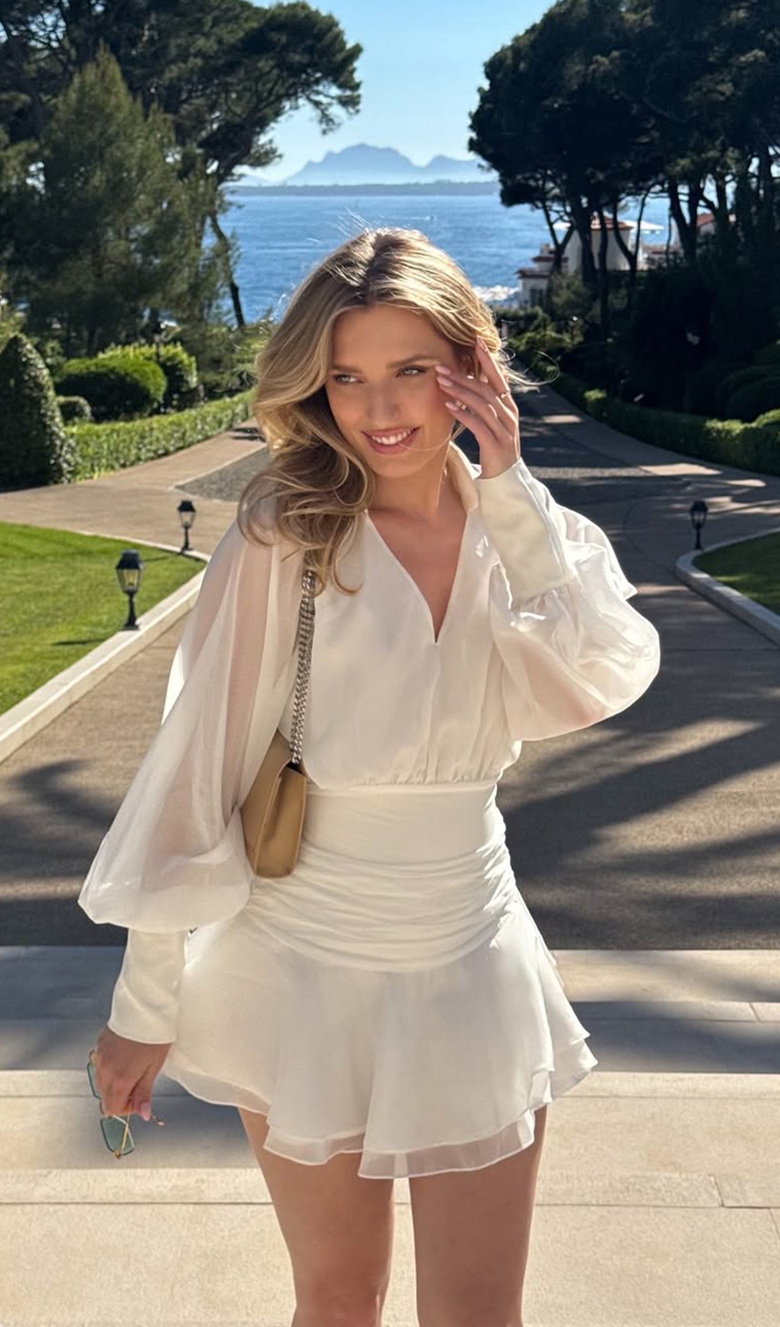 Solid Lantern Sleeve Mini Dress In White