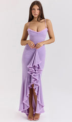 Mesh Ruffled Front Gown Maxi Dress In Taro Purple