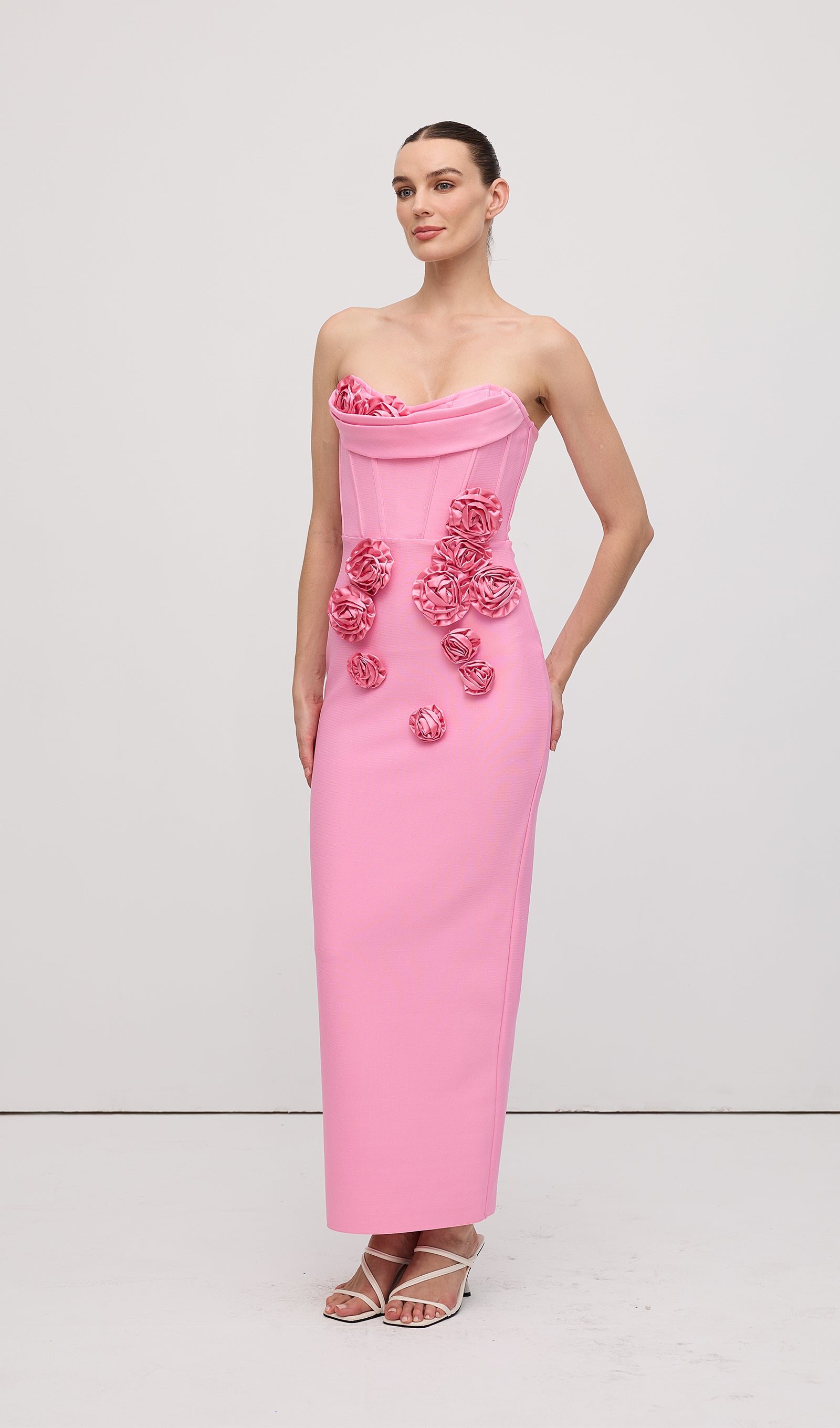 Strapless Flower Embellishments Maxi Dress Pink