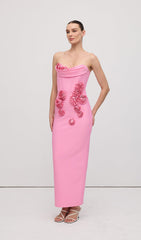 Strapless Flower Embellishments Maxi Dress Pink