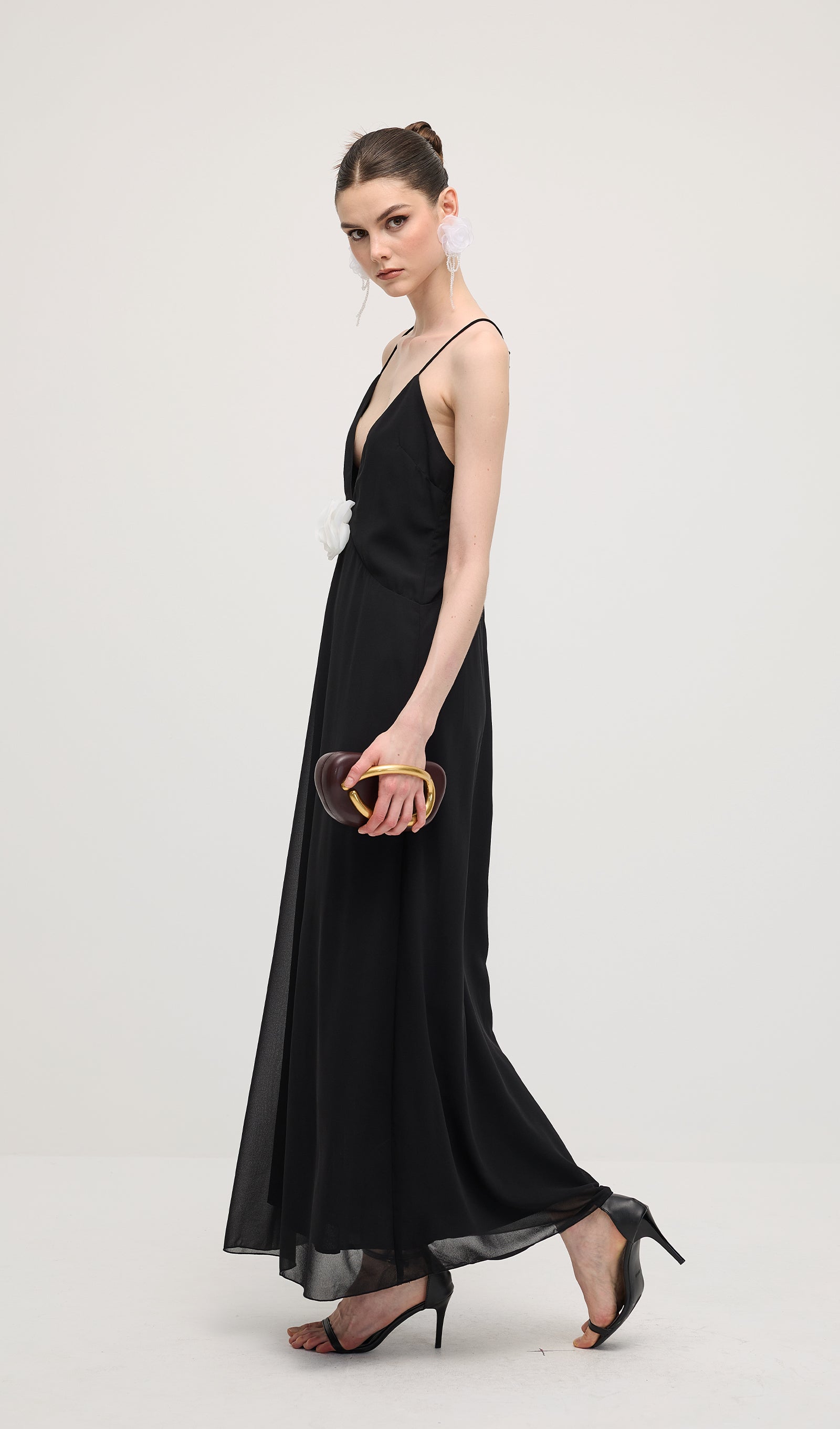 V Neck Halter Maxi Dress In Black