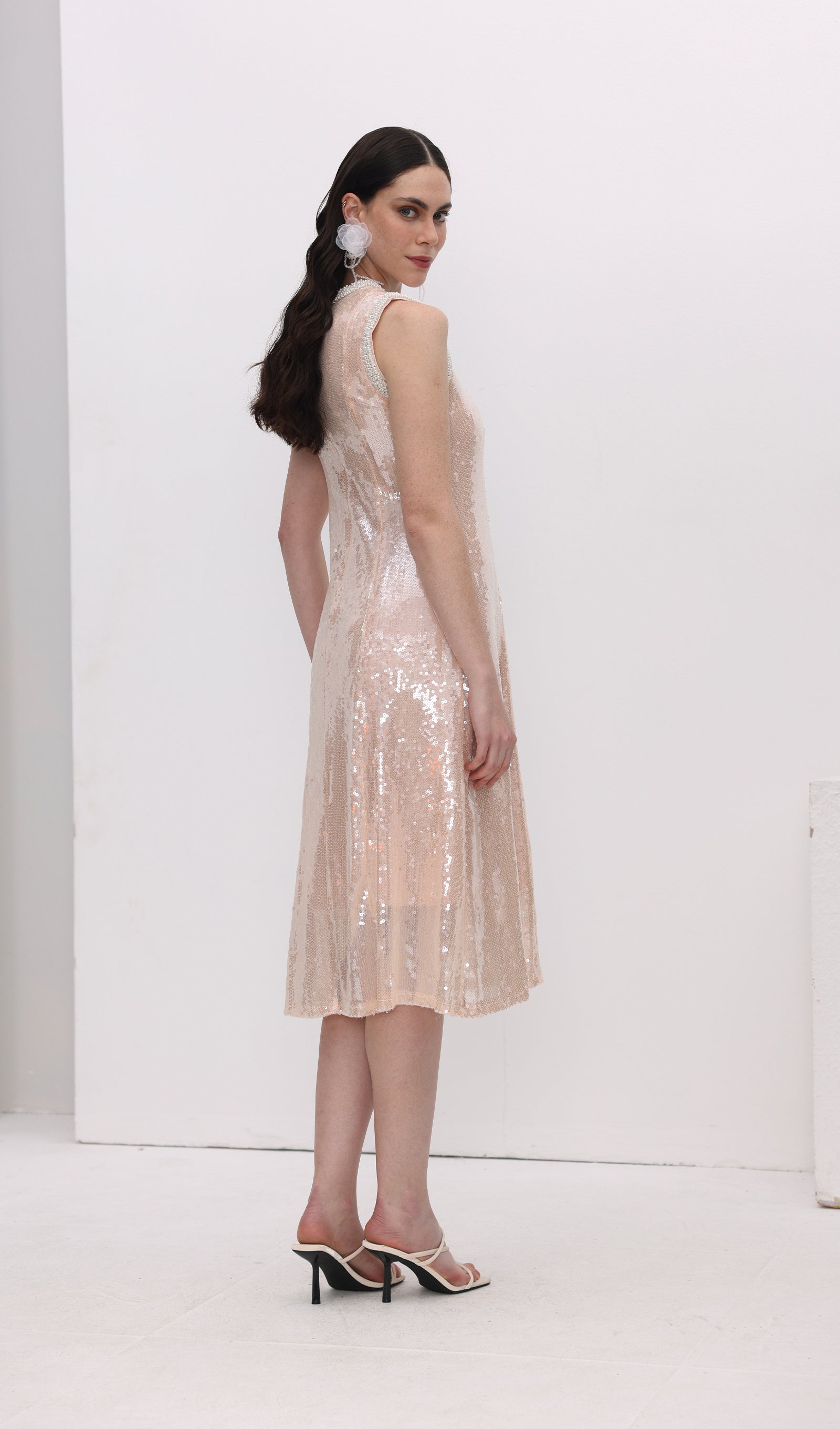 Sequin Embellished Pearl Trim Midi Dress