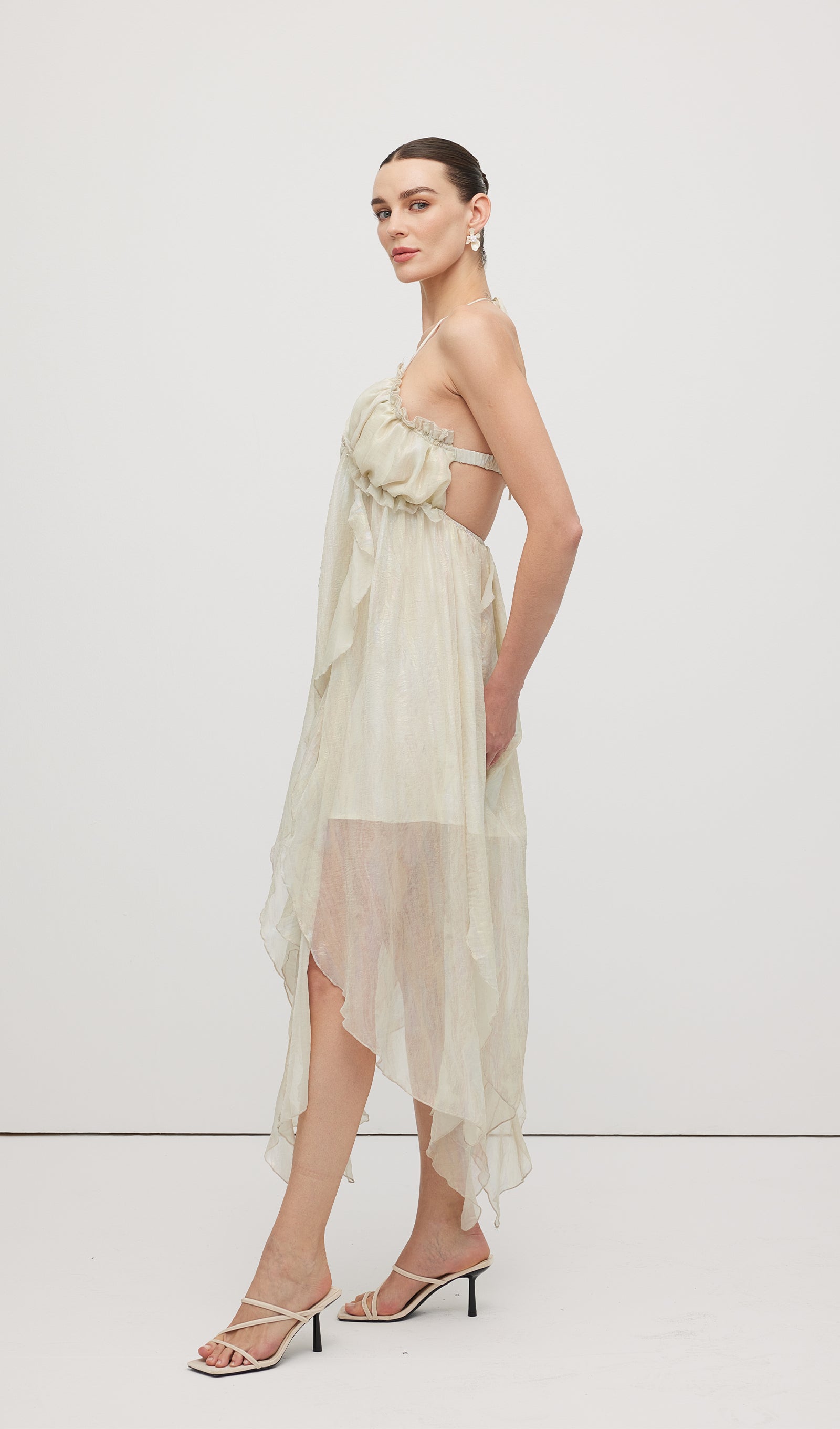 Halter Tulle Pleated Midi Dress