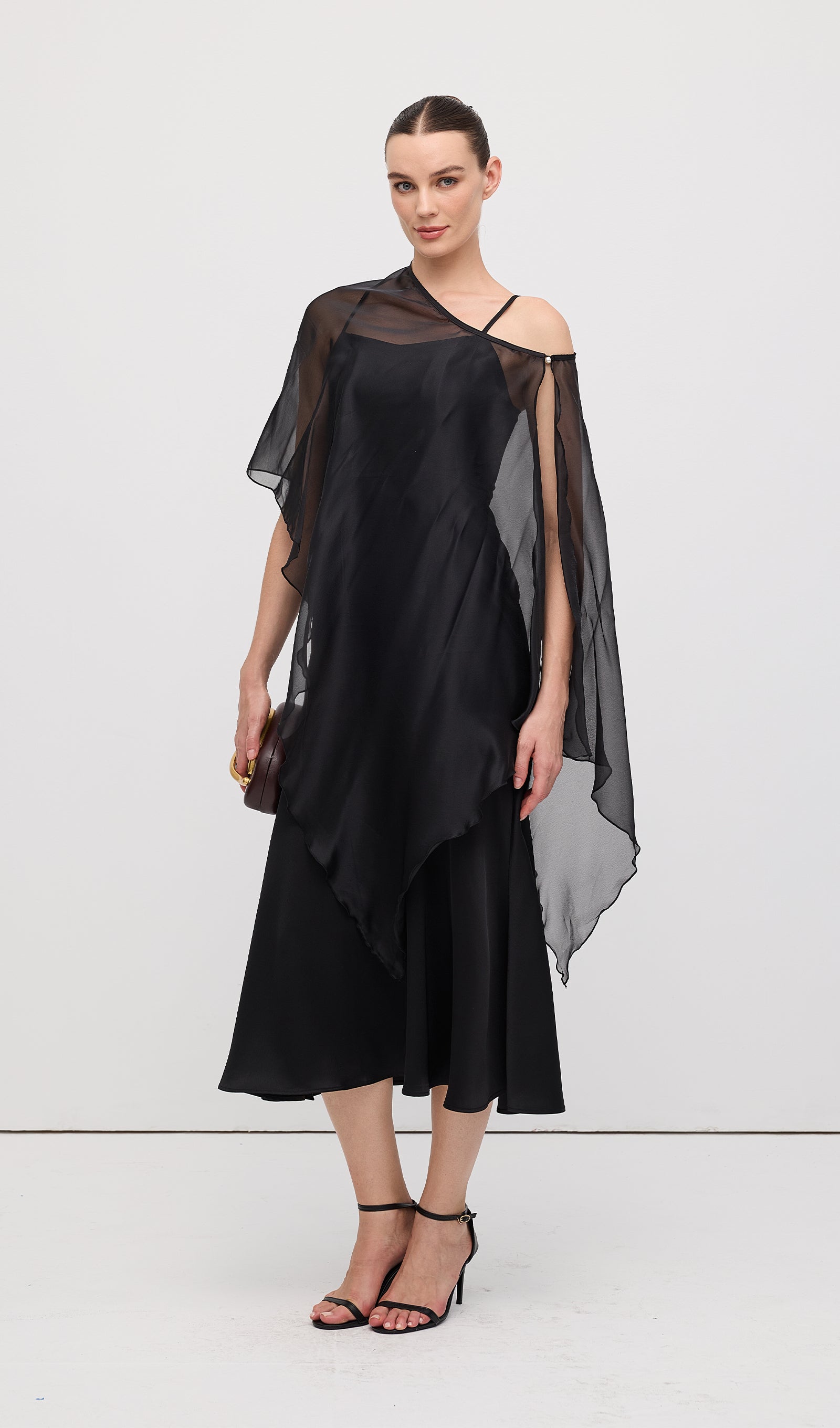 Asymmetric Cape With Satin Midi Dress