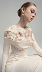 Draped Crystal Midi Dress In Cream