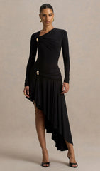 Asymmetric-Neck Midi Dress With Embellishment In Black