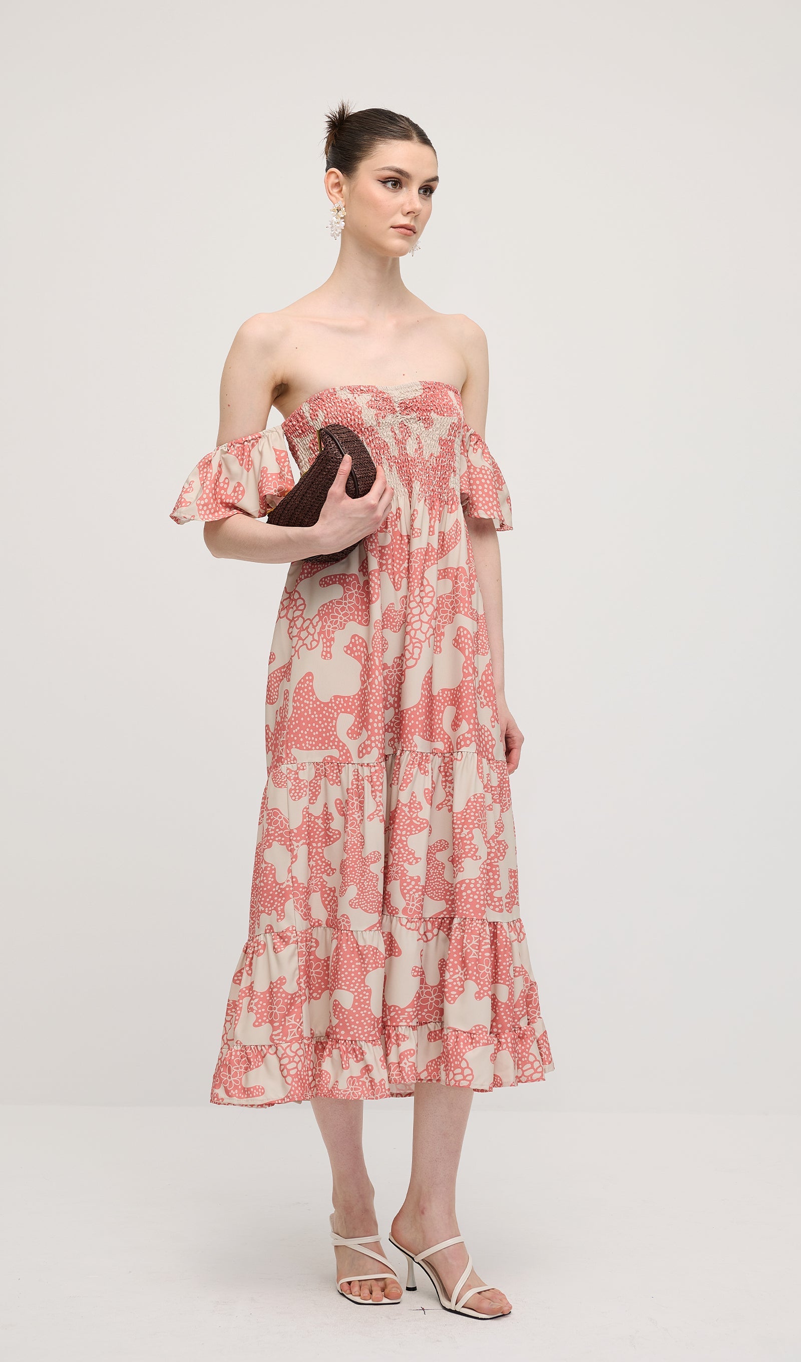 Off Shoulder Smocked Ruffle Printed Midi Dress