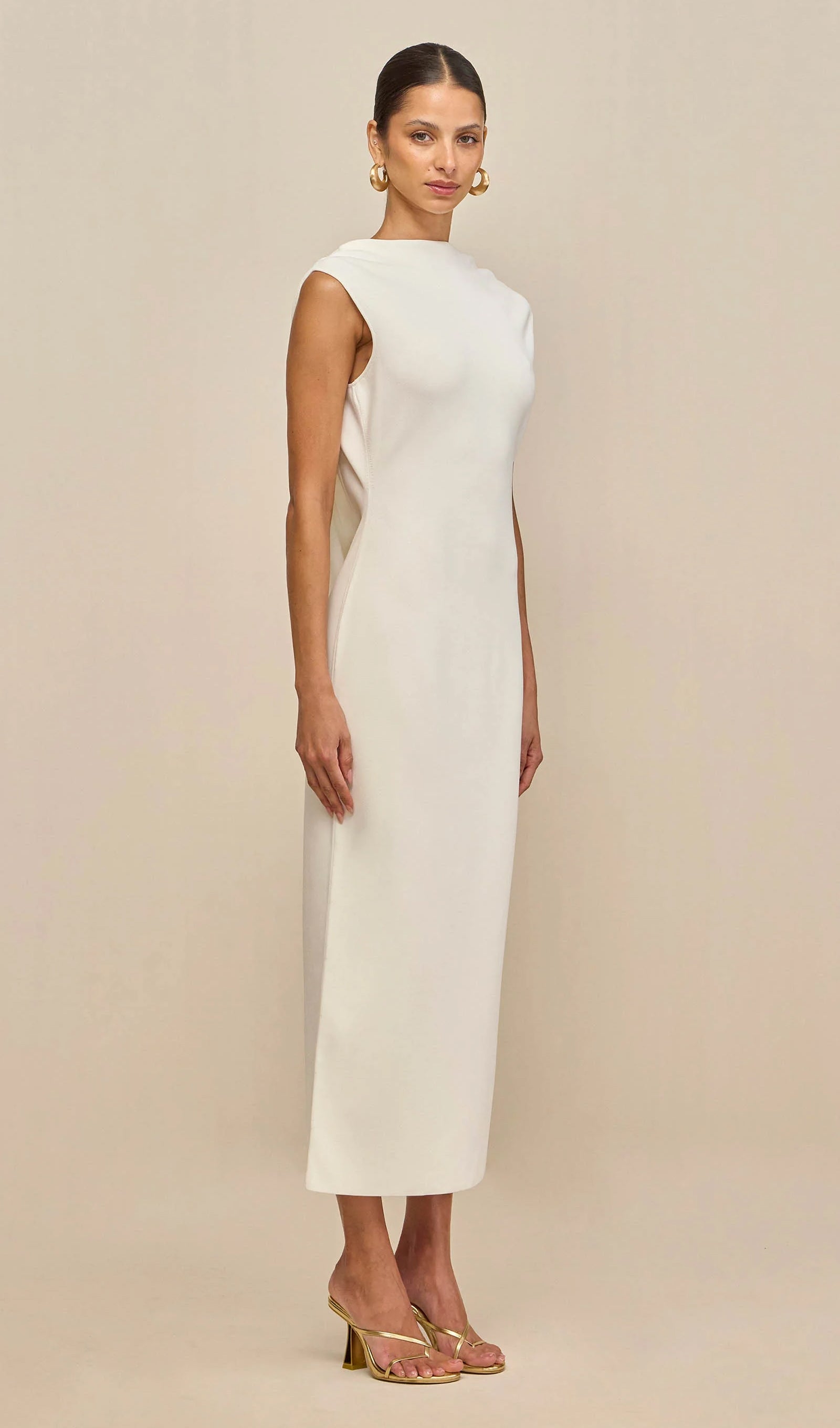 Knit Deep Cowl Back Midi Dress In White