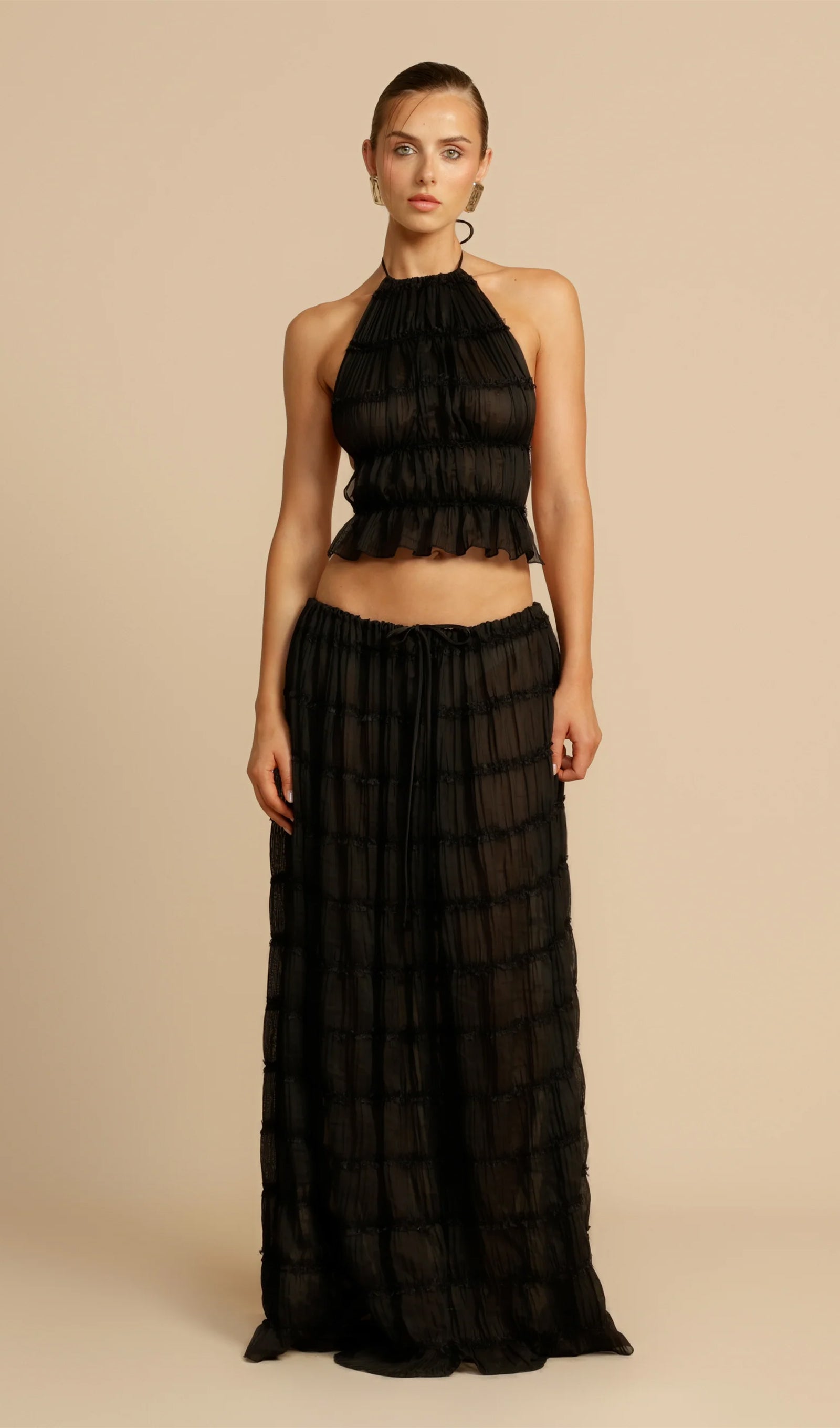 Halter Top & Ruched Detail Maxi Skirt Sets