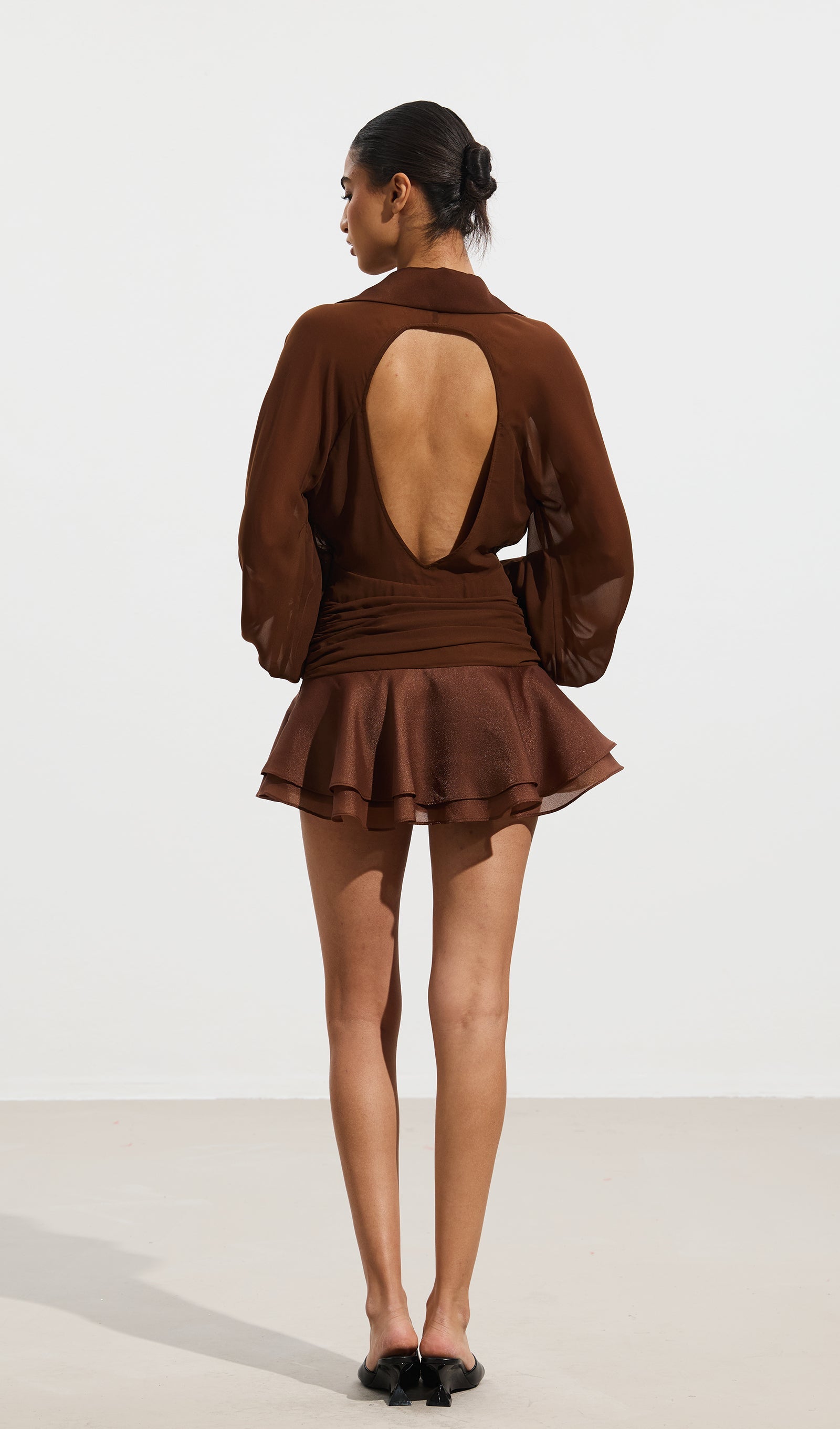 Solid Lantern Sleeve Mini Dress In Coffee