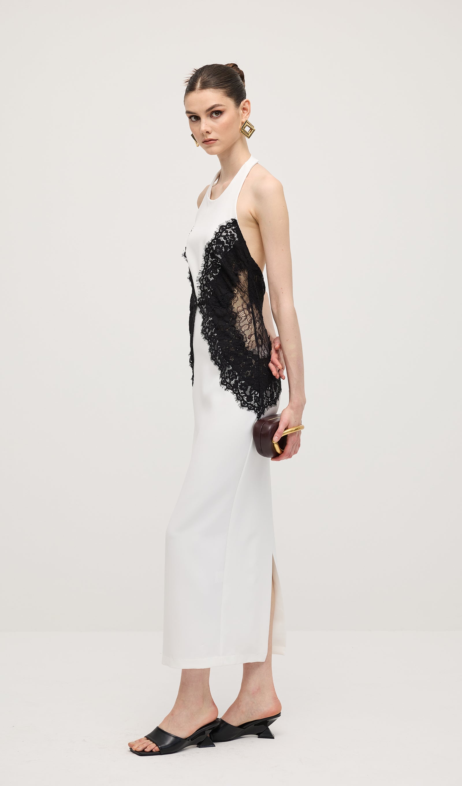 Open Back Maxi Dress In Crepe & Lace