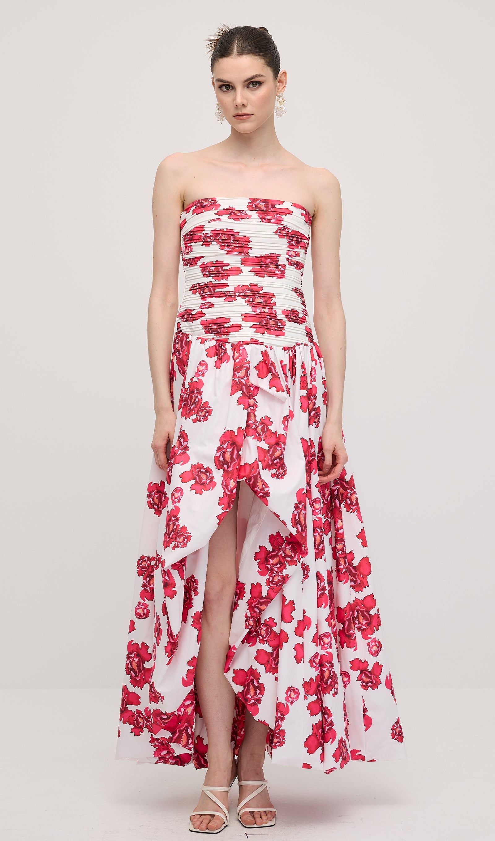 Sleeveless Ruched Draped Split Maxi Dress In Red Print