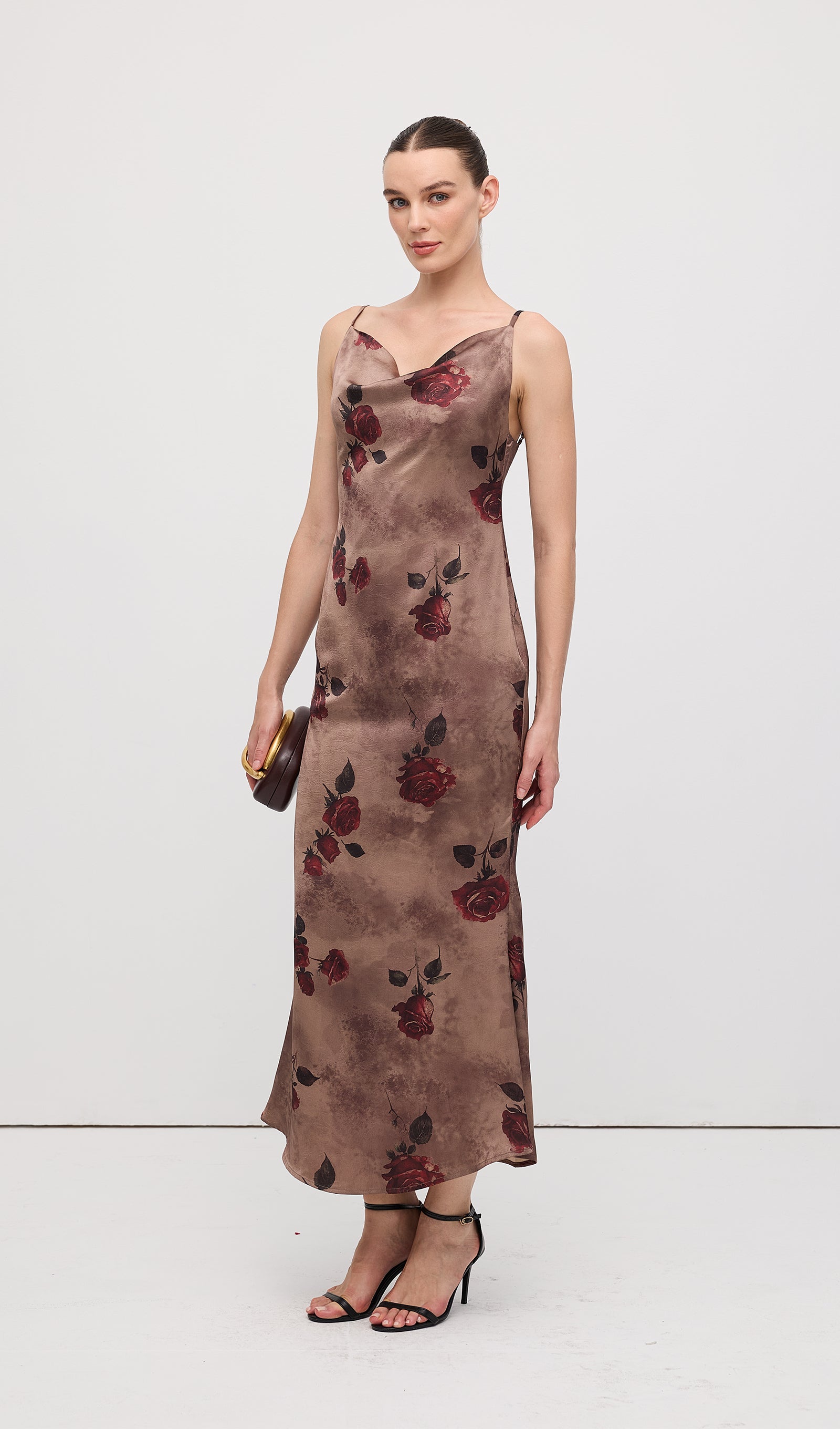 Cowl Neck Rose Print Sleeveless Midi Dress