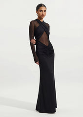 Slinky And Mesh Long Sleeve Maxi Dress In Black