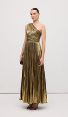 Pleated Metallic One Shoulder Maxi Dress