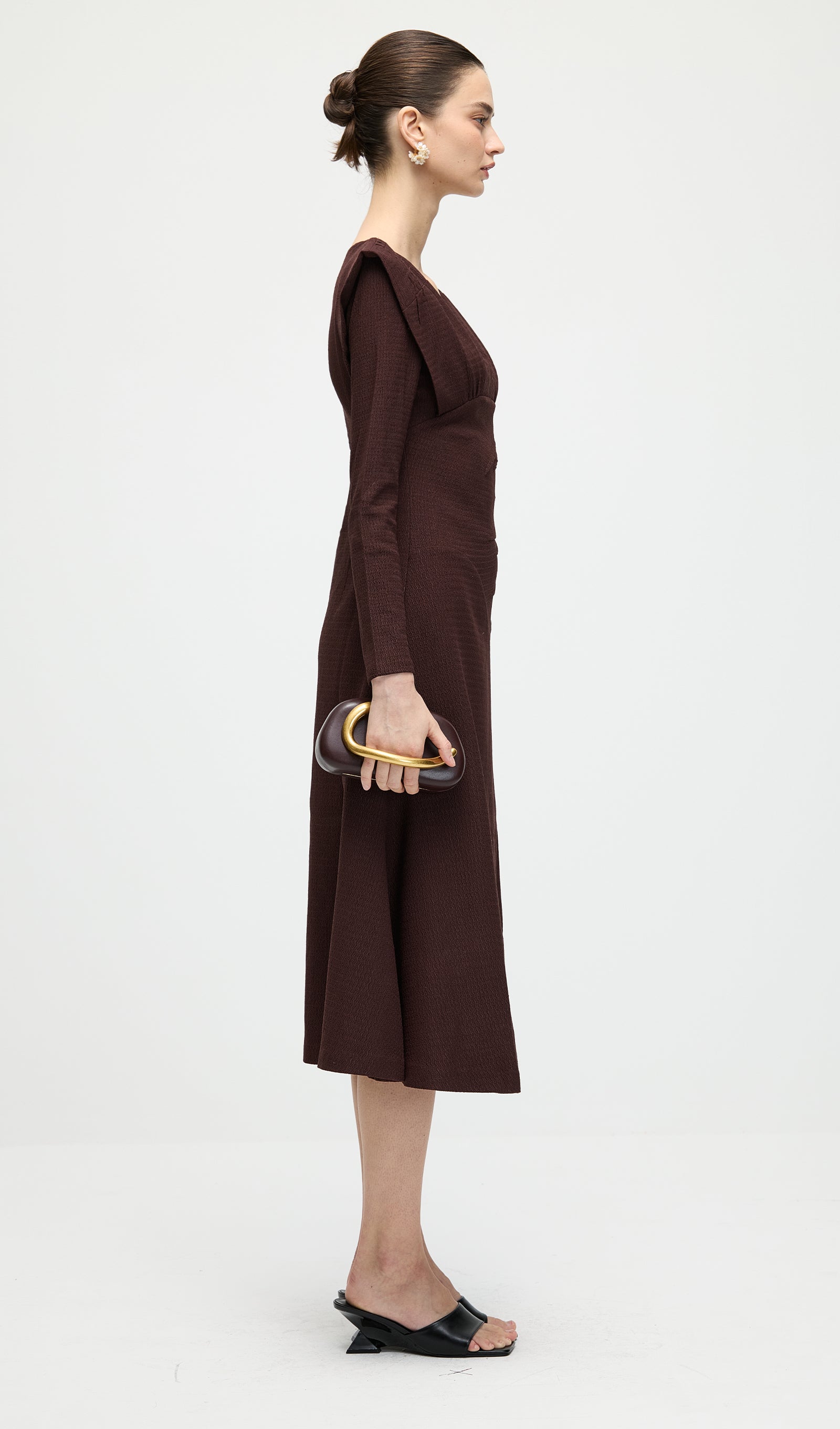 Long Sleeve Smocking Shoulder Midi Dress In Coffee