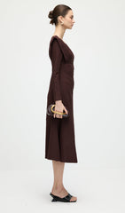 Long Sleeve Smocking Shoulder Midi Dress In Coffee