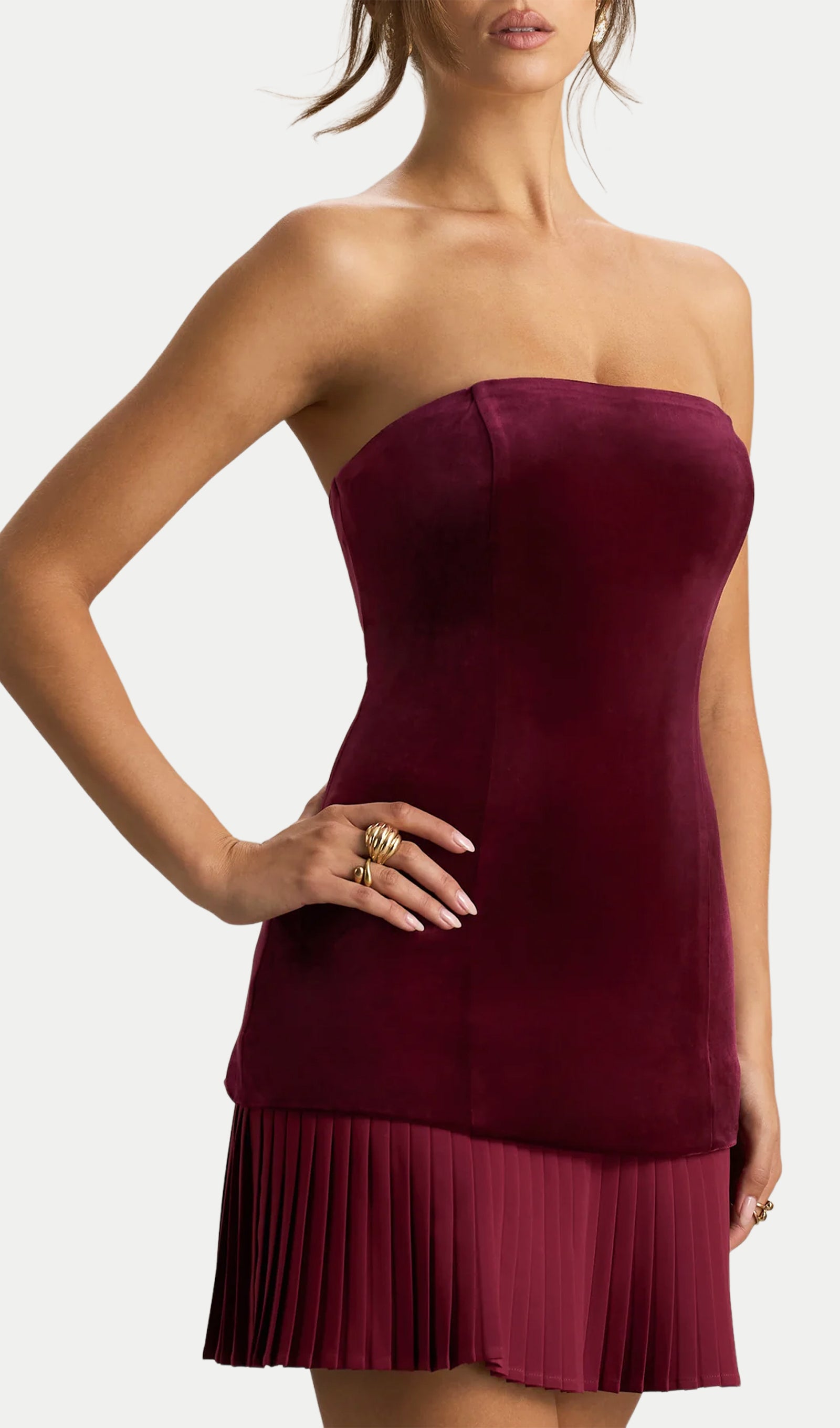 Velvet Bandeau Mini Dress With Pleated