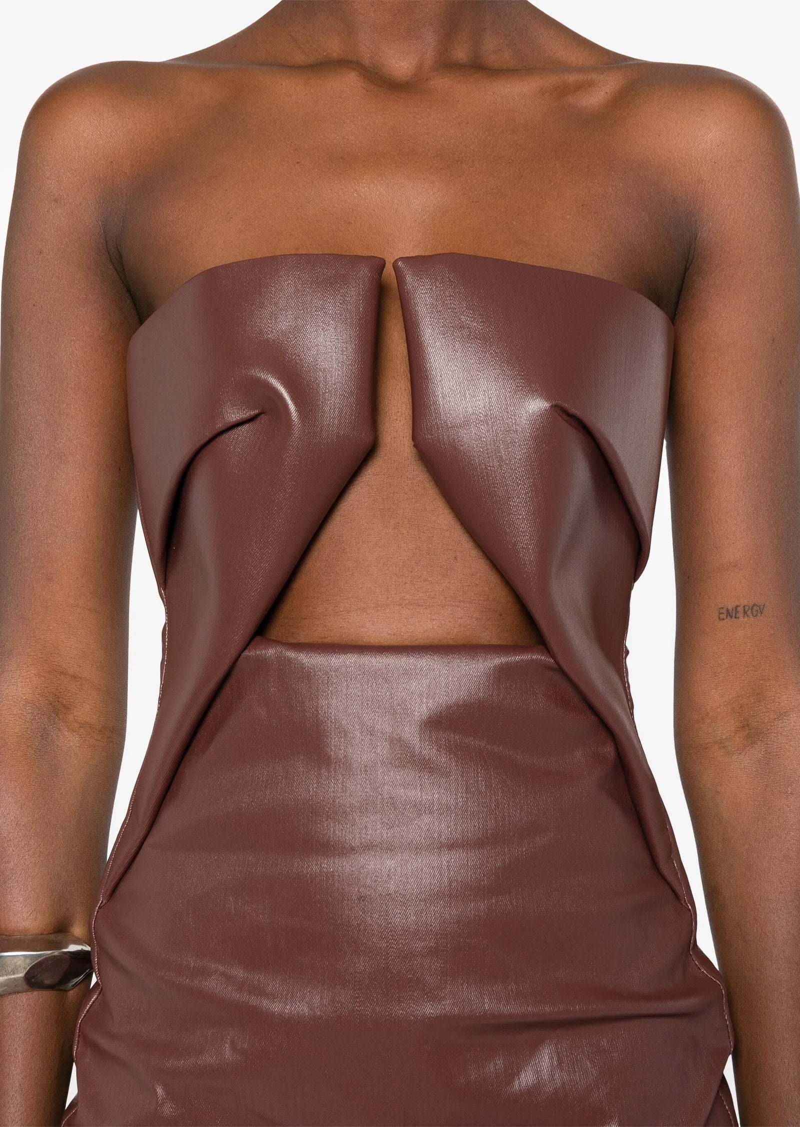 Strapless Cutout Coated-Denim Mini Dress